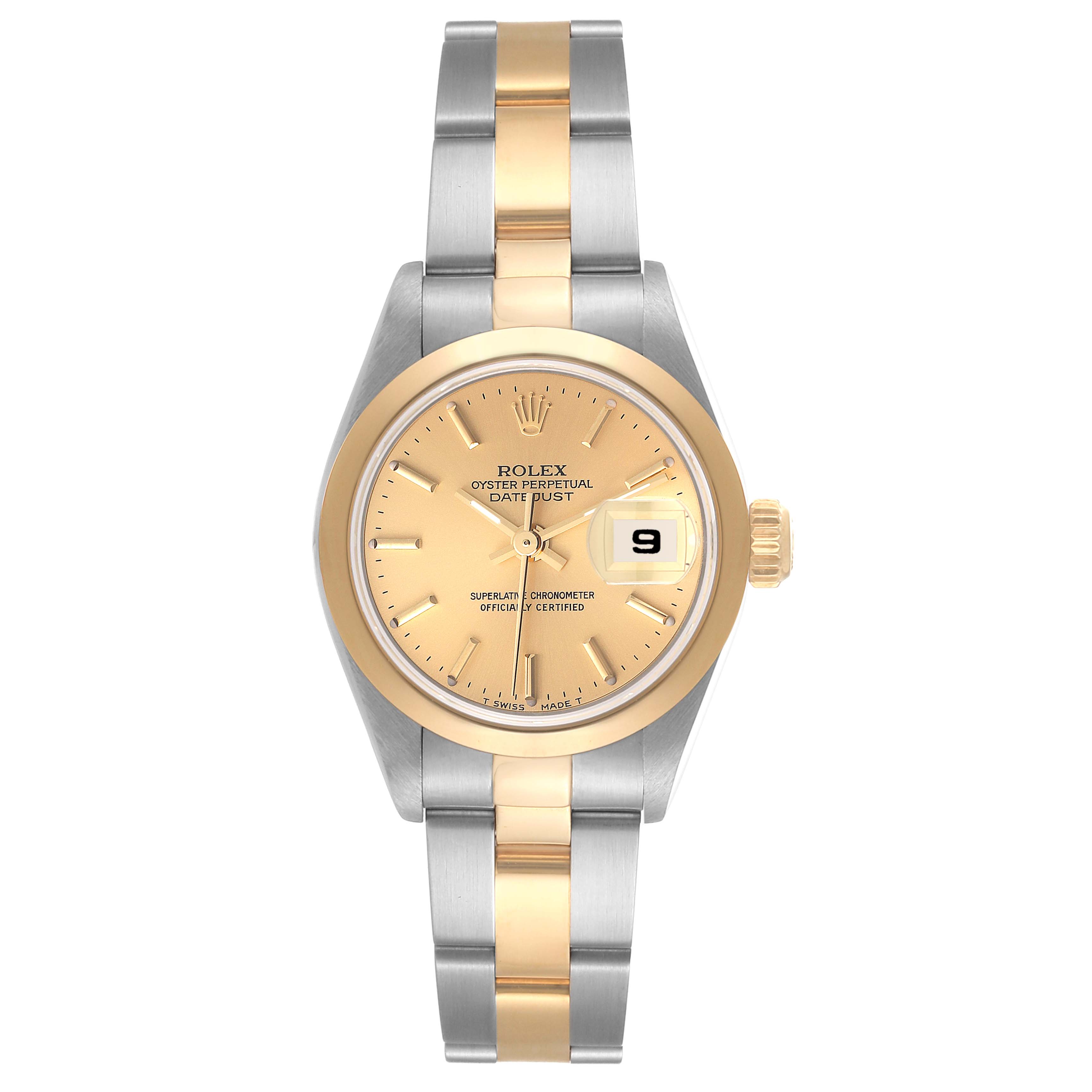 This image shows a front view of the Rolex Datejust 79163 Women's Steel and Gold (two tone) Champagne Dial 79163 Women's Steel and Gold (two tone) Champagne Dial watch, featuring its dial, bezel, and two-tone bracelet.