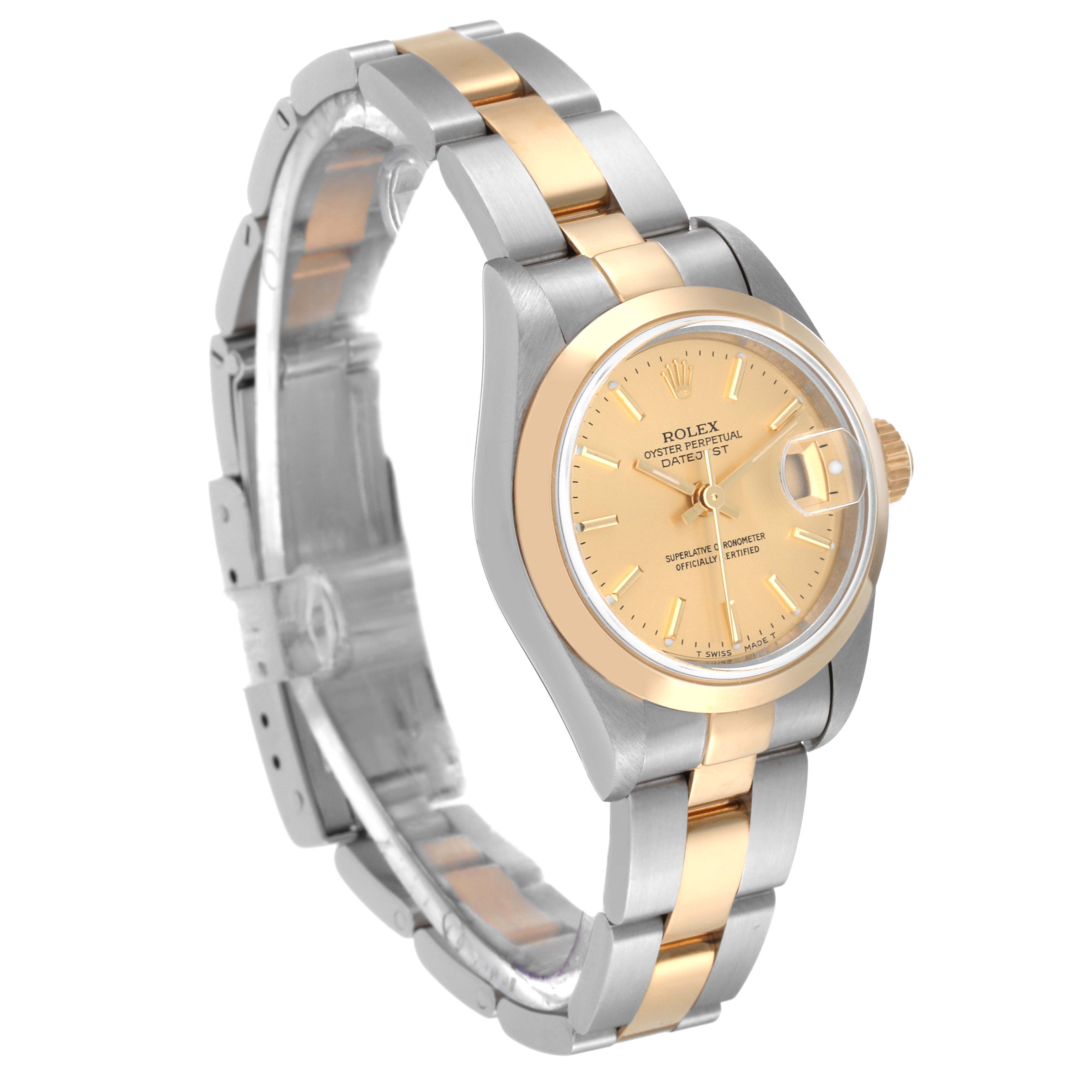 The image shows a Rolex Datejust 79163 Women's Steel and Gold (two tone) Champagne Dial 79163 Women's Steel and Gold (two tone) Champagne Dial watch at a side angle, highlighting its two-tone bracelet and champagne-colored dial.