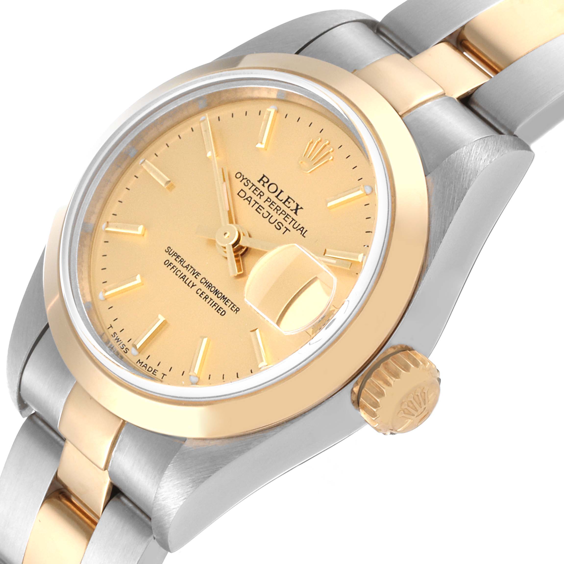 The image shows a side angle of a Rolex Datejust 79163 Women's Steel and Gold (two tone) Champagne Dial 79163 Women's Steel and Gold (two tone) Champagne Dial watch, highlighting the dial, crown, and bracelet.