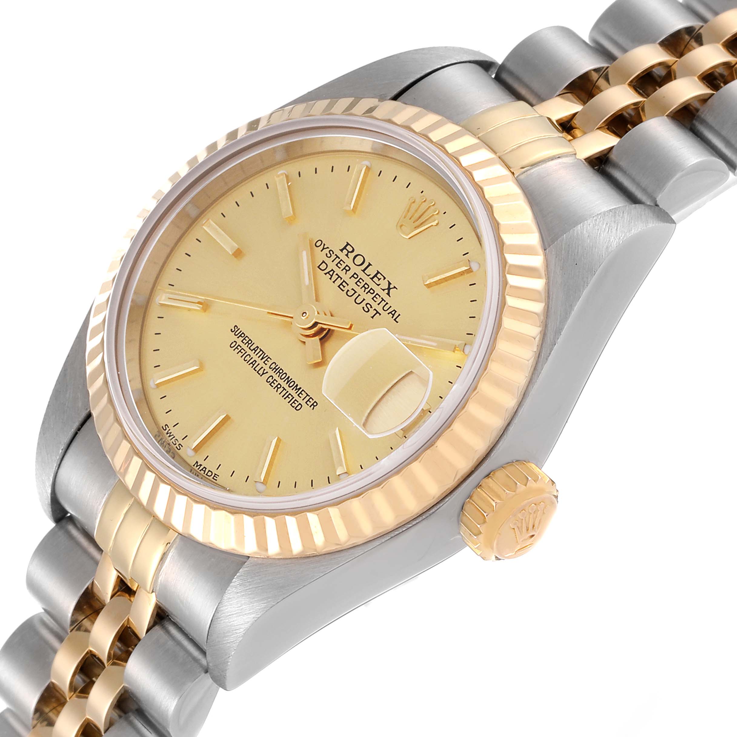 The Rolex Datejust 79173 Women's Steel and Gold (two tone) Champagne Dial 79173 Women's Steel and Gold (two tone) Champagne Dial watch is shown at a slight angle, featuring its gold dial, fluted bezel, and two-tone bracelet.