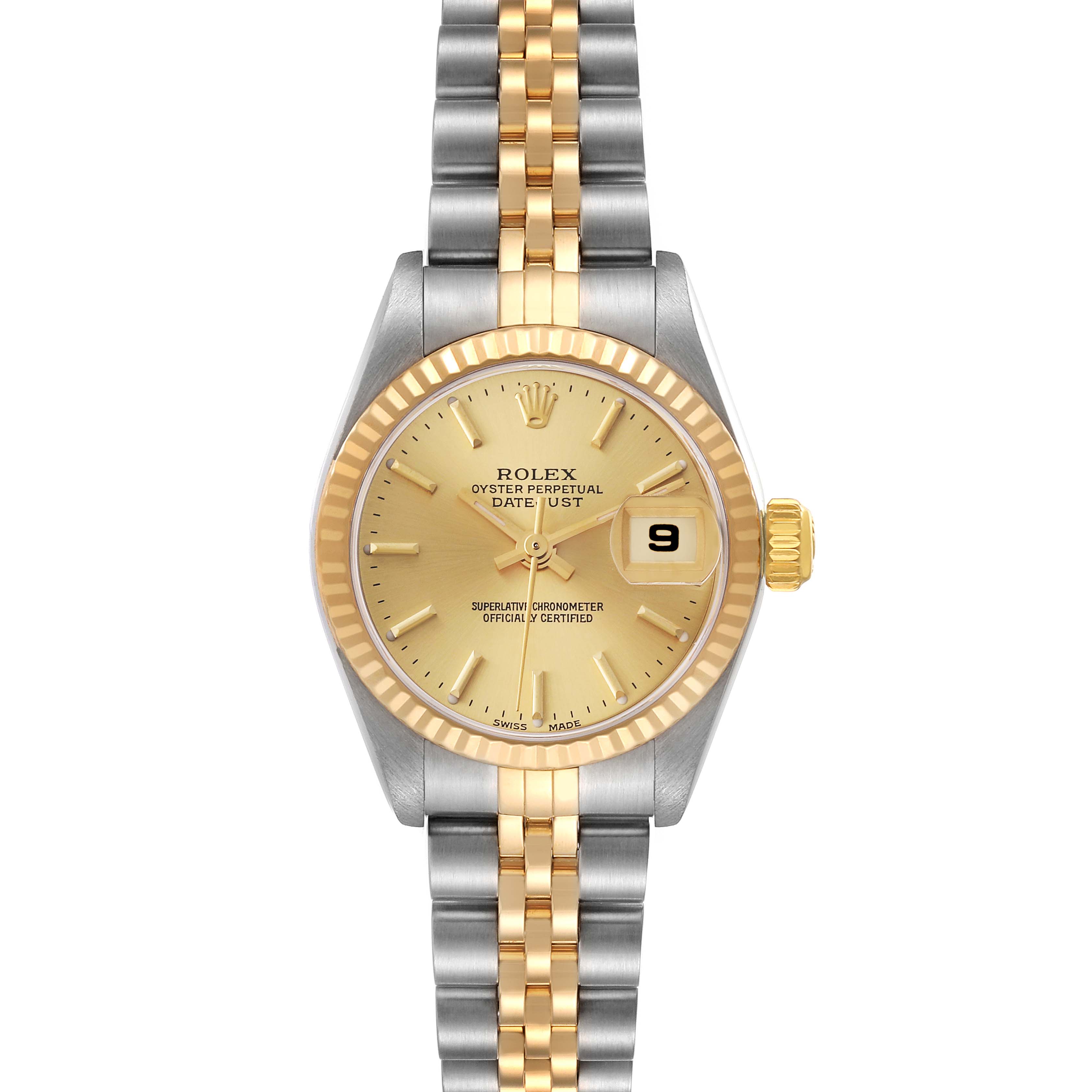This image shows a frontal view of a Rolex Datejust 79173 Women's Steel and Gold (two tone) Champagne Dial 79173 Women's Steel and Gold (two tone) Champagne Dial watch, featuring its dial, bezel, crown, and two-tone bracelet.