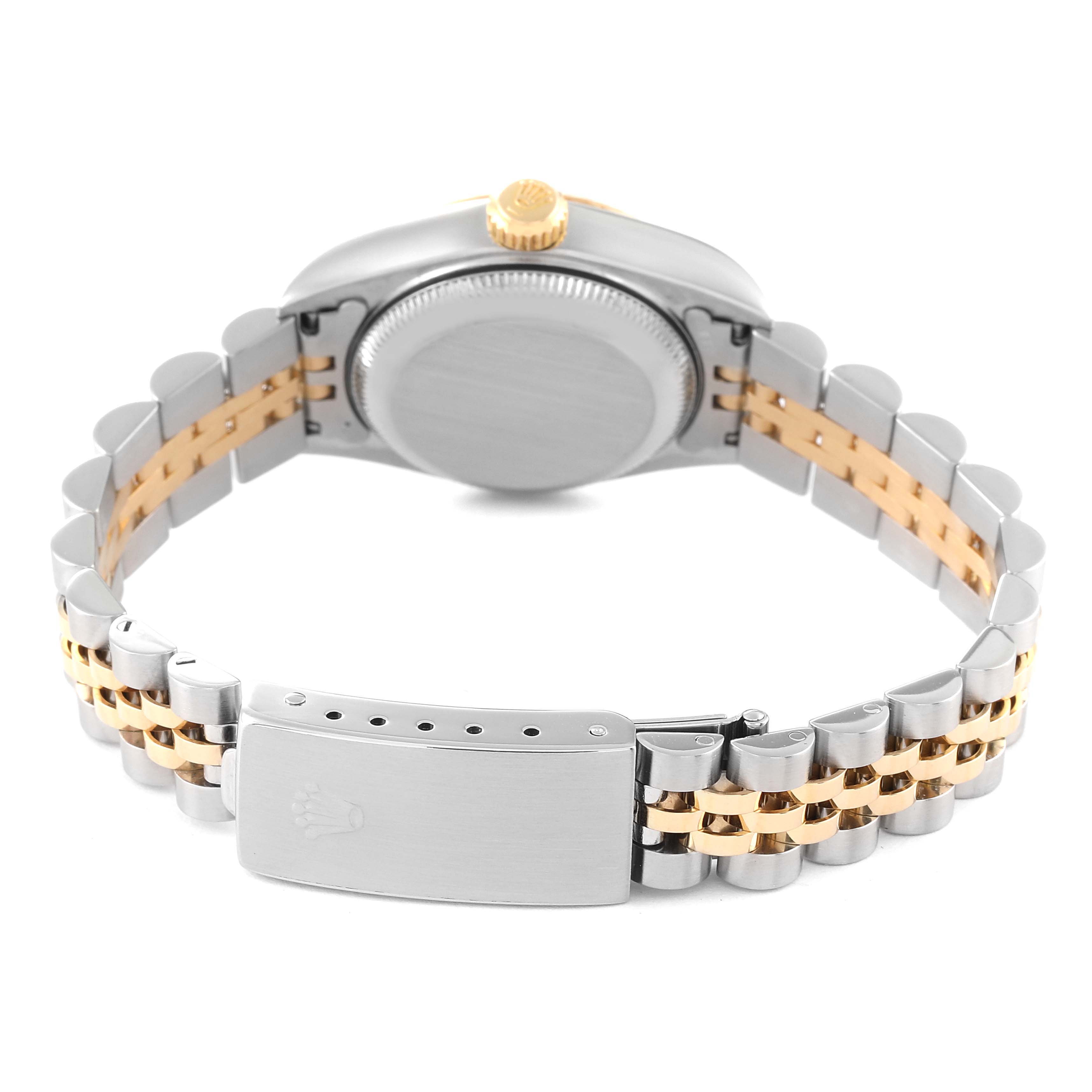 This image shows the back of a Rolex Datejust 79173 Women's Steel and Gold (two tone) Champagne Dial 79173 Women's Steel and Gold (two tone) Champagne Dial watch, highlighting its bracelet and clasp.