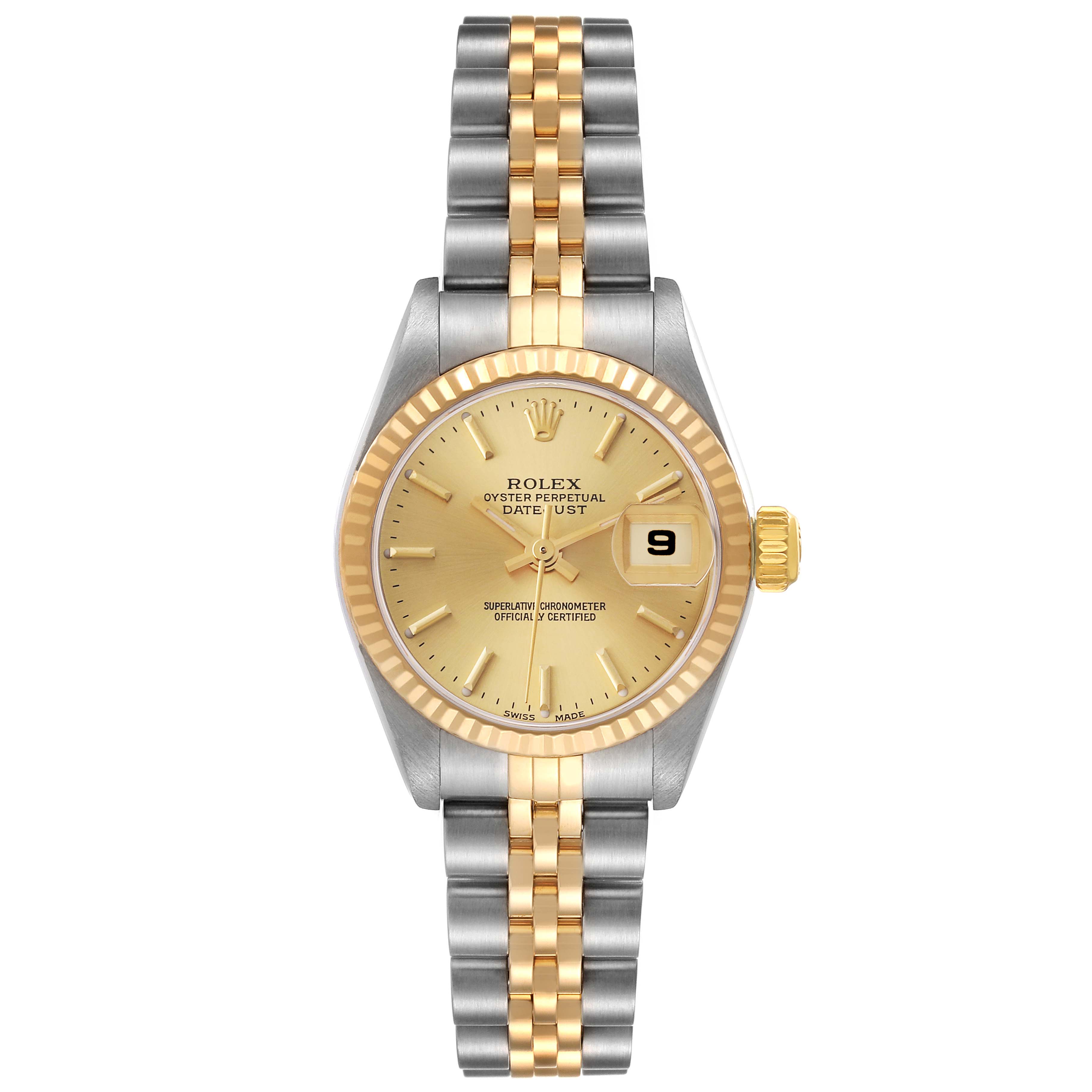 This Rolex Datejust 79173 Women's Steel and Gold (two tone) Champagne Dial 79173 Women's Steel and Gold (two tone) Champagne Dial watch is shown from a top-down angle, displaying the full face, bezel, and bracelet.