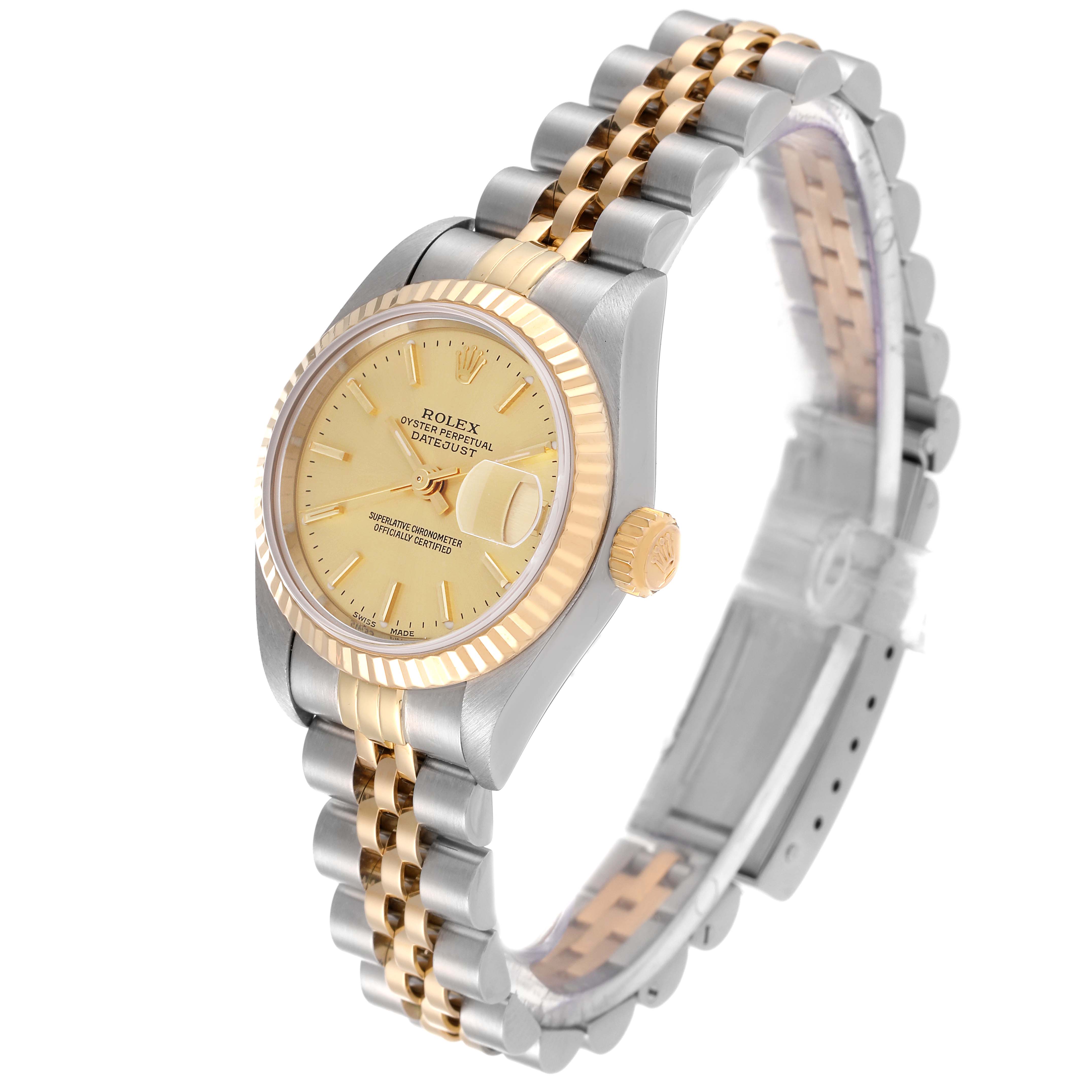 The image shows a Rolex Datejust 79173 Women's Steel and Gold (two tone) Champagne Dial 79173 Women's Steel and Gold (two tone) Champagne Dial watch at a three-quarter angle, highlighting its dial, case, crown, and two-tone bracelet.