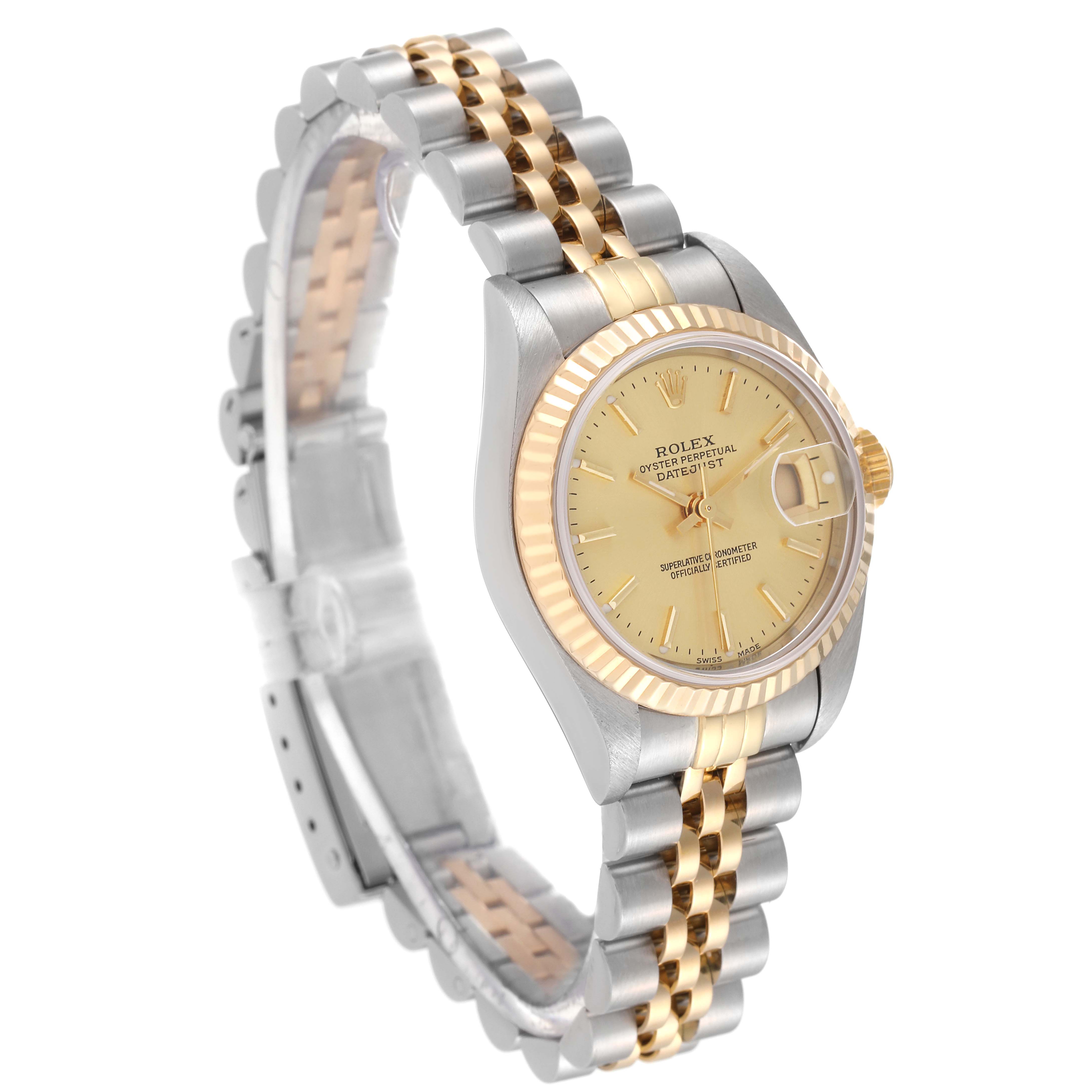 This image shows the Rolex Datejust 79173 Women's Steel and Gold (two tone) Champagne Dial 79173 Women's Steel and Gold (two tone) Champagne Dial watch at a three-quarter angle, highlighting the face, bezel, and two-tone bracelet.