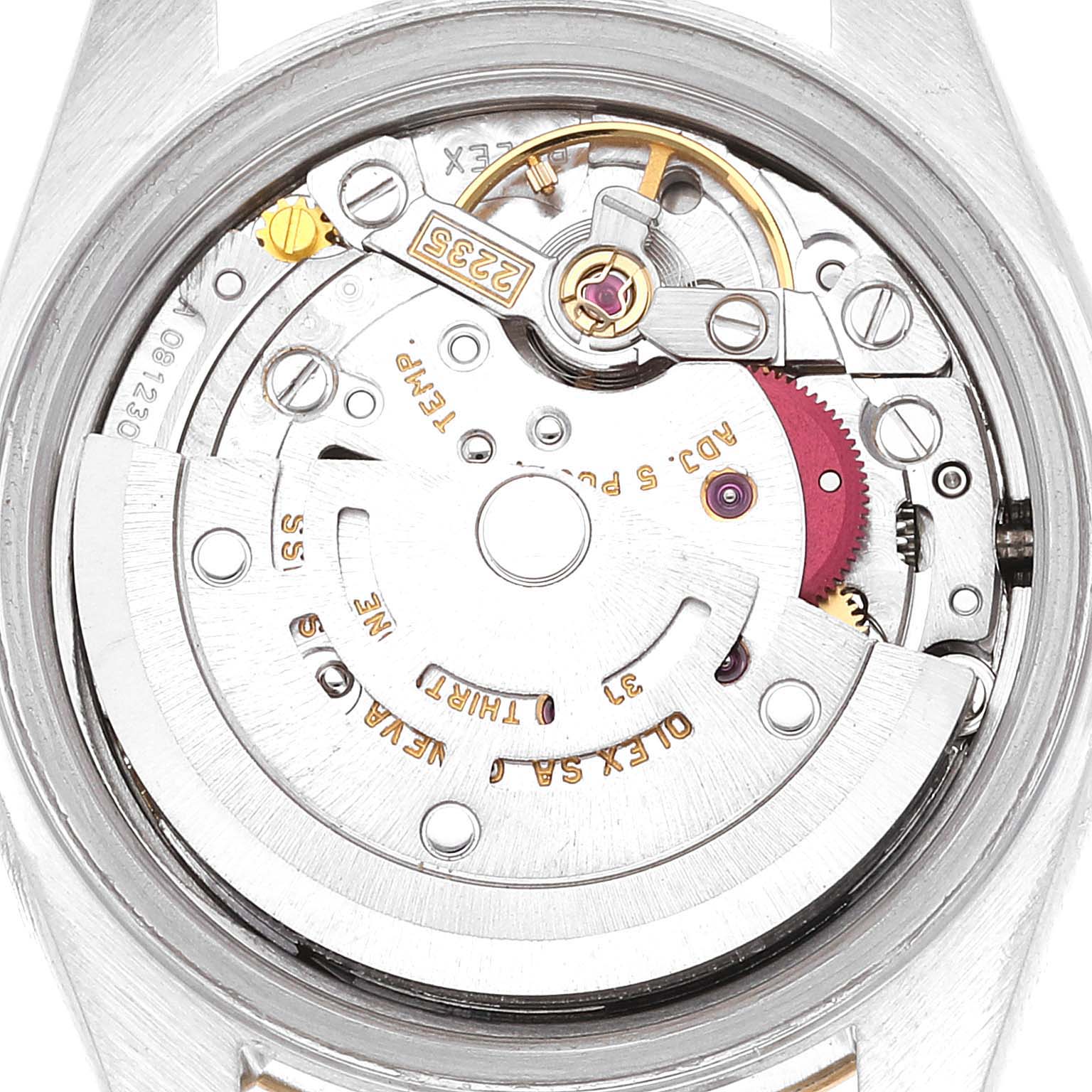 This image shows the internal movement mechanism of a Rolex Datejust 79173 Women's Steel and Gold (two tone) Champagne Dial 79173 Women's Steel and Gold (two tone) Champagne Dial watch from a top-down angle.