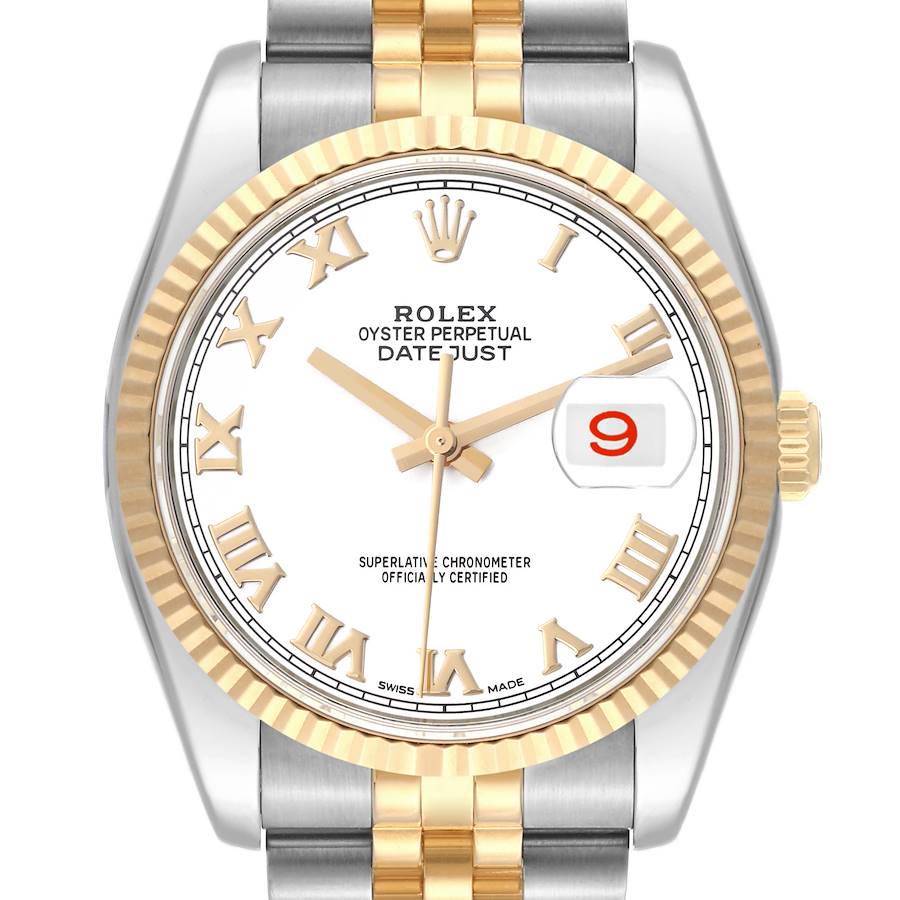 The Rolex Datejust watch is shown from the front, displaying its face, bezel, and part of the bracelet.