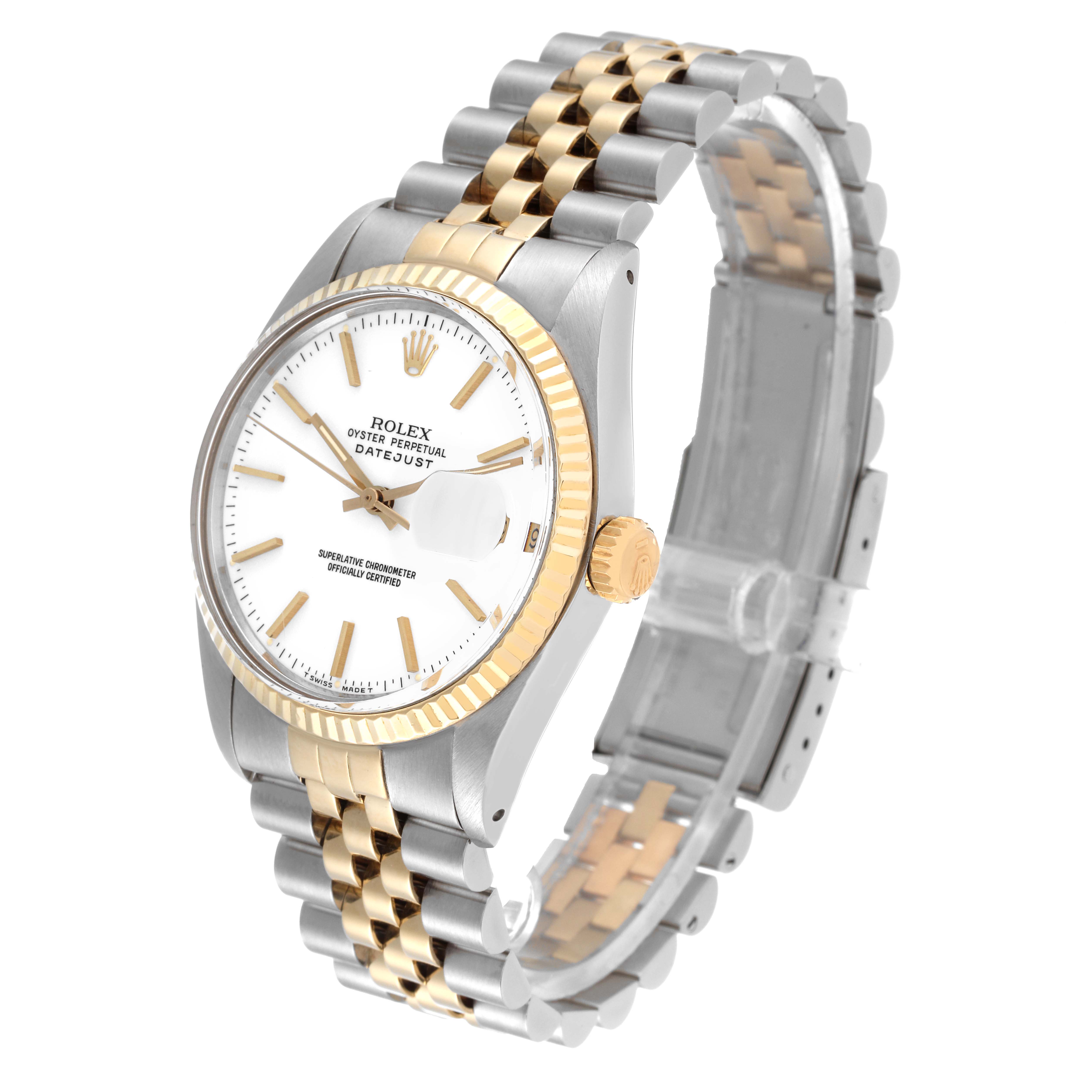 The image shows a Rolex Vintage Collection 16013 Men's Steel and Gold (two tone) White Dial 16013 Men's Steel and Gold (two tone) White Dial model angled slightly to display the face, crown, and two-tone bracelet.