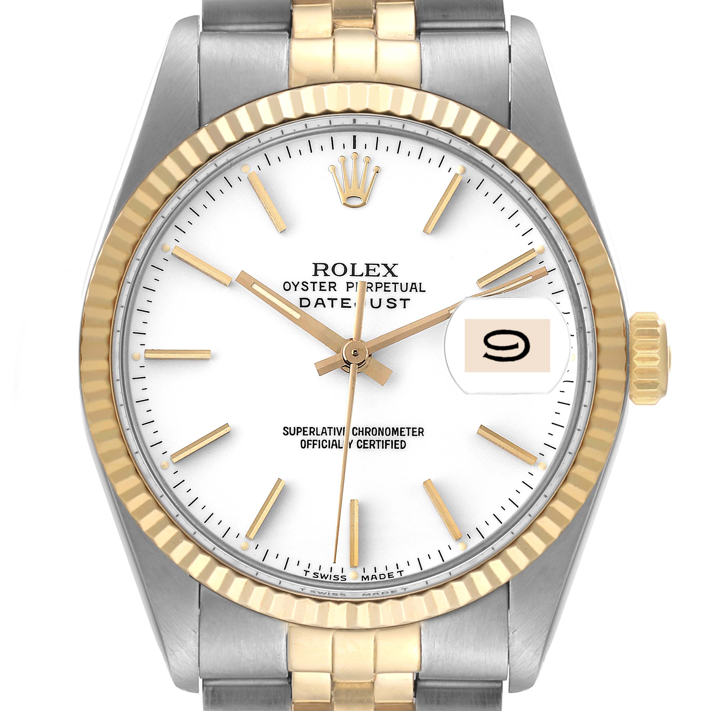The image shows a frontal view of the Rolex Vintage Collection 16013 Men's Steel and Gold (two tone) White Dial 16013 Men's Steel and Gold (two tone) White Dial model, highlighting its face, date window, bezel, and part of the bracelet.