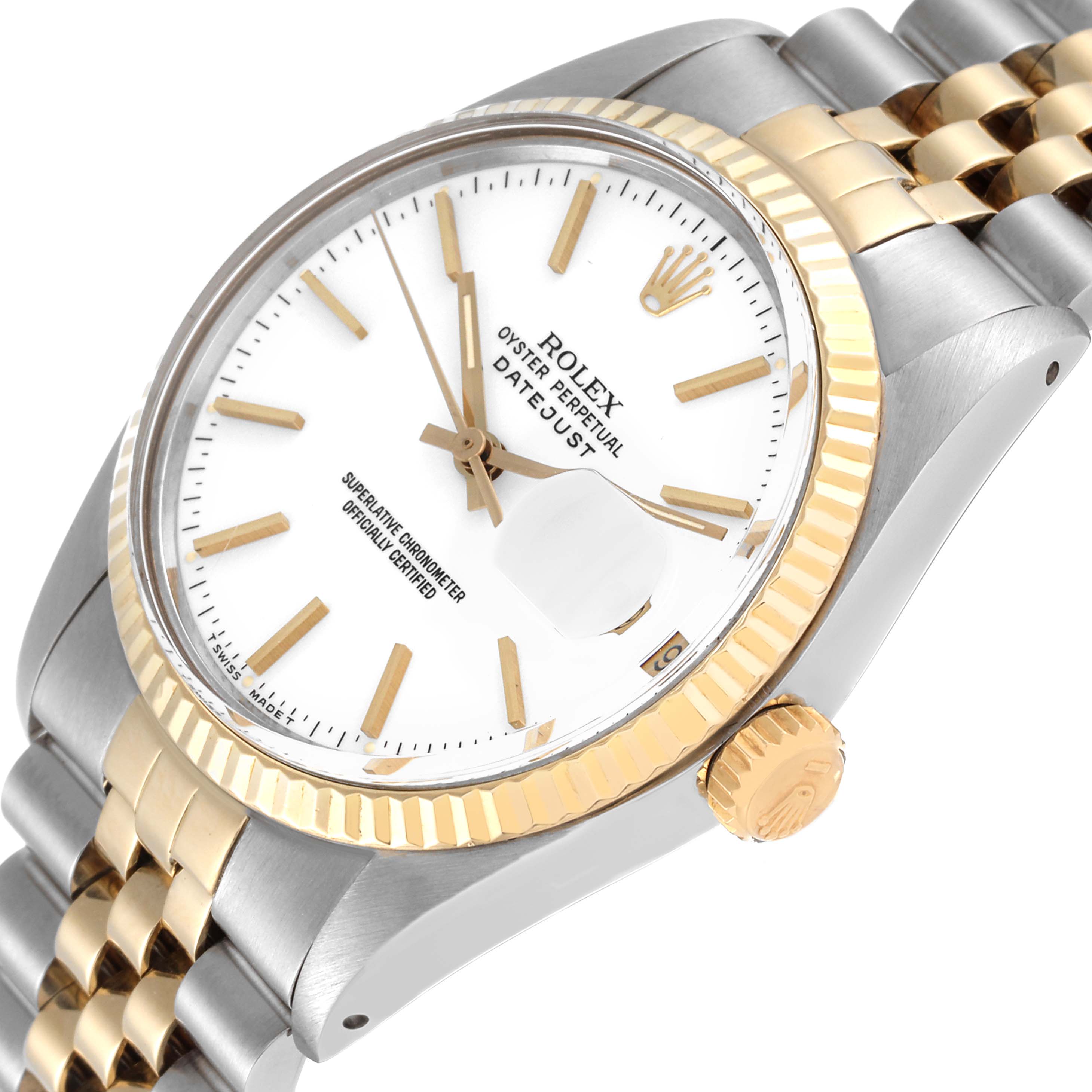 The image shows a close-up of a Rolex Vintage Collection 16013 Men's Steel and Gold (two tone) White Dial 16013 Men's Steel and Gold (two tone) White Dial Oyster Perpetual Datejust watch, focusing on the dial, bezel, and crown.