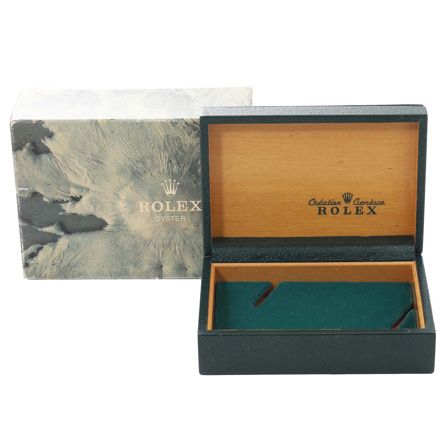 The image shows a Rolex Vintage Collection 16013 Men's Steel and Gold (two tone) White Dial 16013 Men's Steel and Gold (two tone) White Dial watch box and its outer packaging, both open to display the interior.