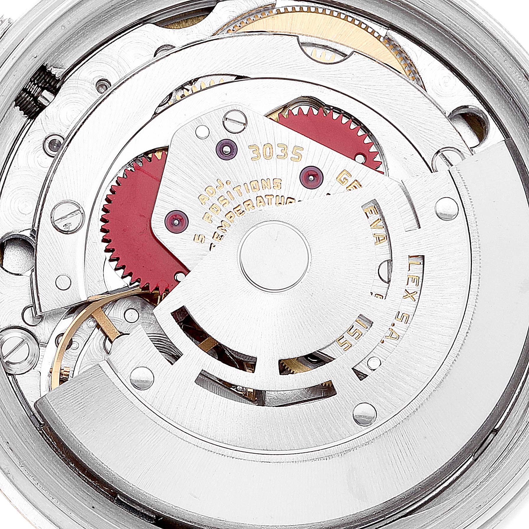 This is a close-up view of the movement of a Rolex Vintage Collection 16013 Men's Steel and Gold (two tone) White Dial 16013 Men's Steel and Gold (two tone) White Dial watch, showcasing its internal mechanical parts.
