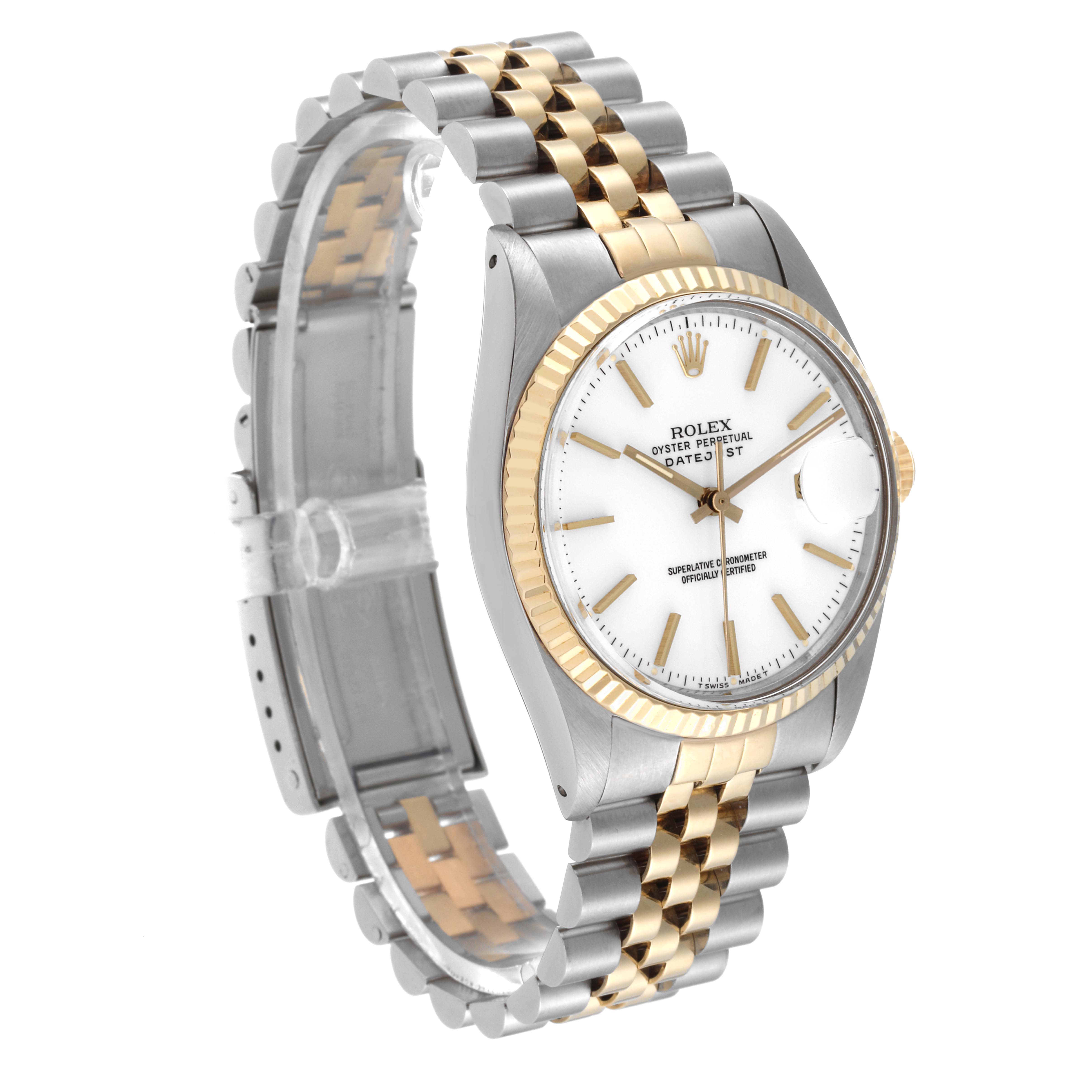 The image shows a Rolex Vintage Collection 16013 Men's Steel and Gold (two tone) White Dial 16013 Men's Steel and Gold (two tone) White Dial model from an oblique angle, displaying the bracelet, bezel, and dial.
