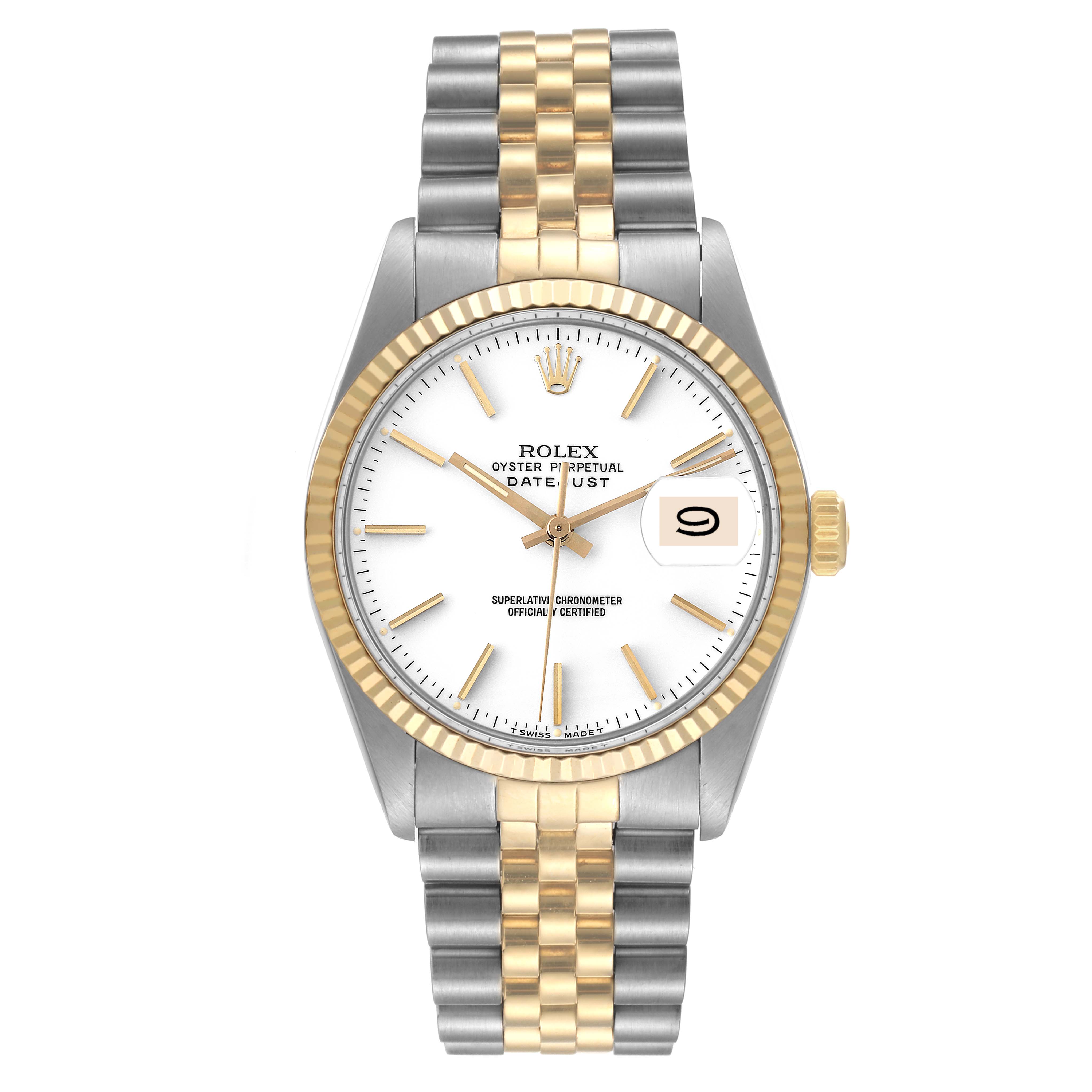The image shows a front view of a Rolex Vintage Collection 16013 Men's Steel and Gold (two tone) White Dial 16013 Men's Steel and Gold (two tone) White Dial Oyster Perpetual Datejust watch with a silver and gold bracelet and white dial.