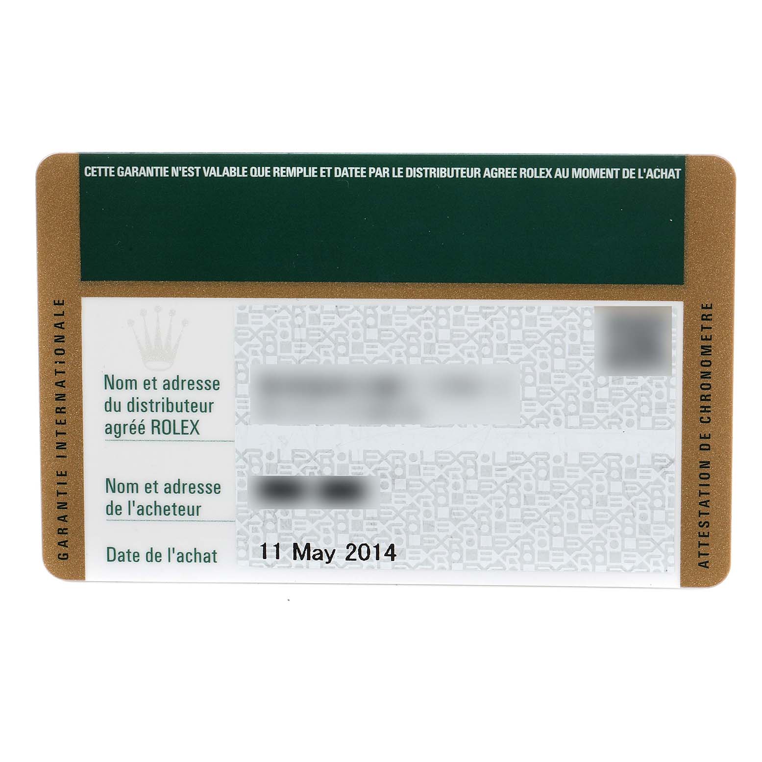 The image shows the warranty card for a Rolex Turn-o-Graph 116264 Men
s Stainless Steel Black Dial 116264 Men
s Stainless Steel Black Dial watch, dated 11 May 2014.