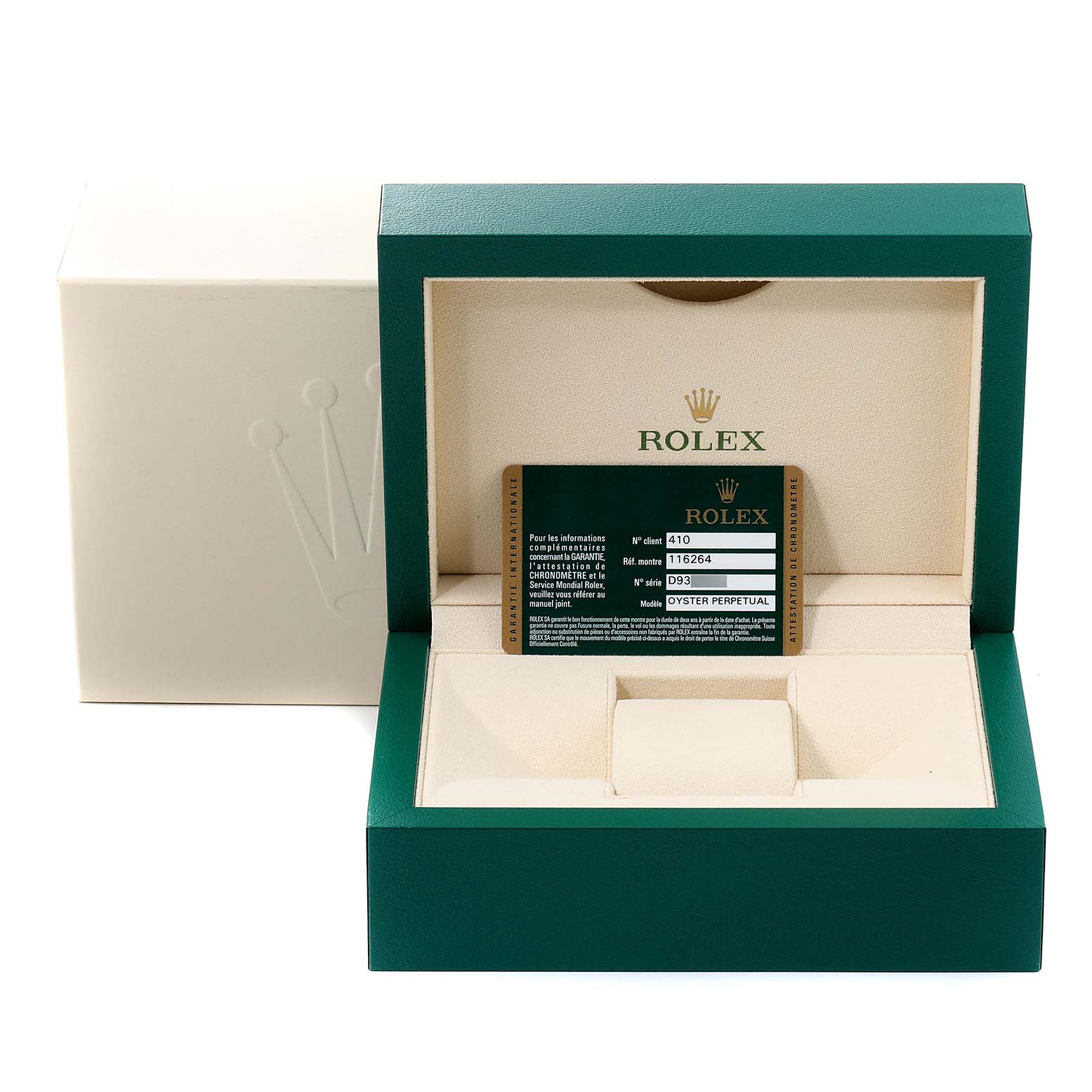The image shows the open box and warranty card for a Rolex Turn-o-Graph 116264 Men
s Stainless Steel Black Dial 116264 Men
s Stainless Steel Black Dial model watch.