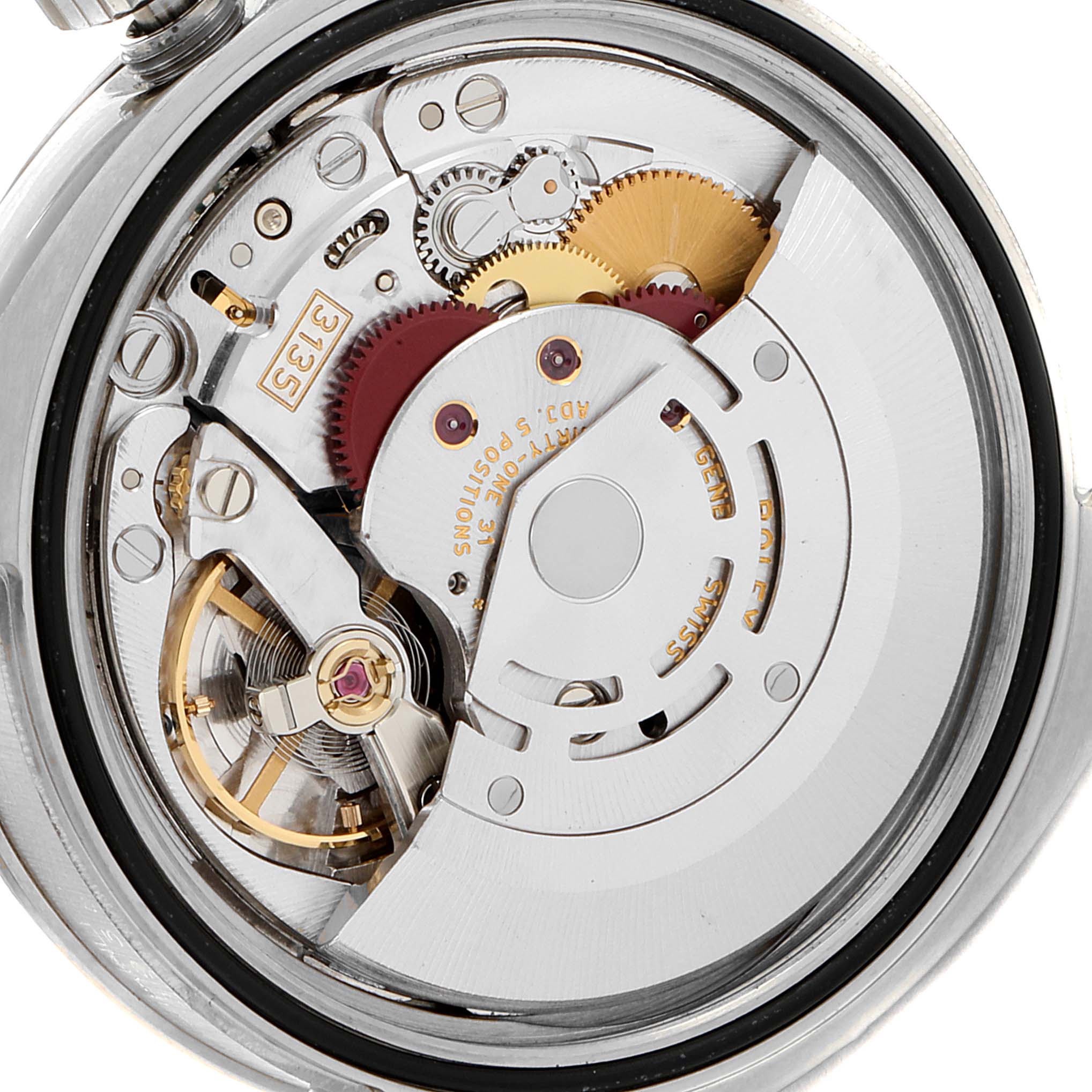 This image shows the internal mechanics and movement of a Rolex Turn-o-Graph 116264 Men
s Stainless Steel Black Dial 116264 Men
s Stainless Steel Black Dial watch viewed from the back.