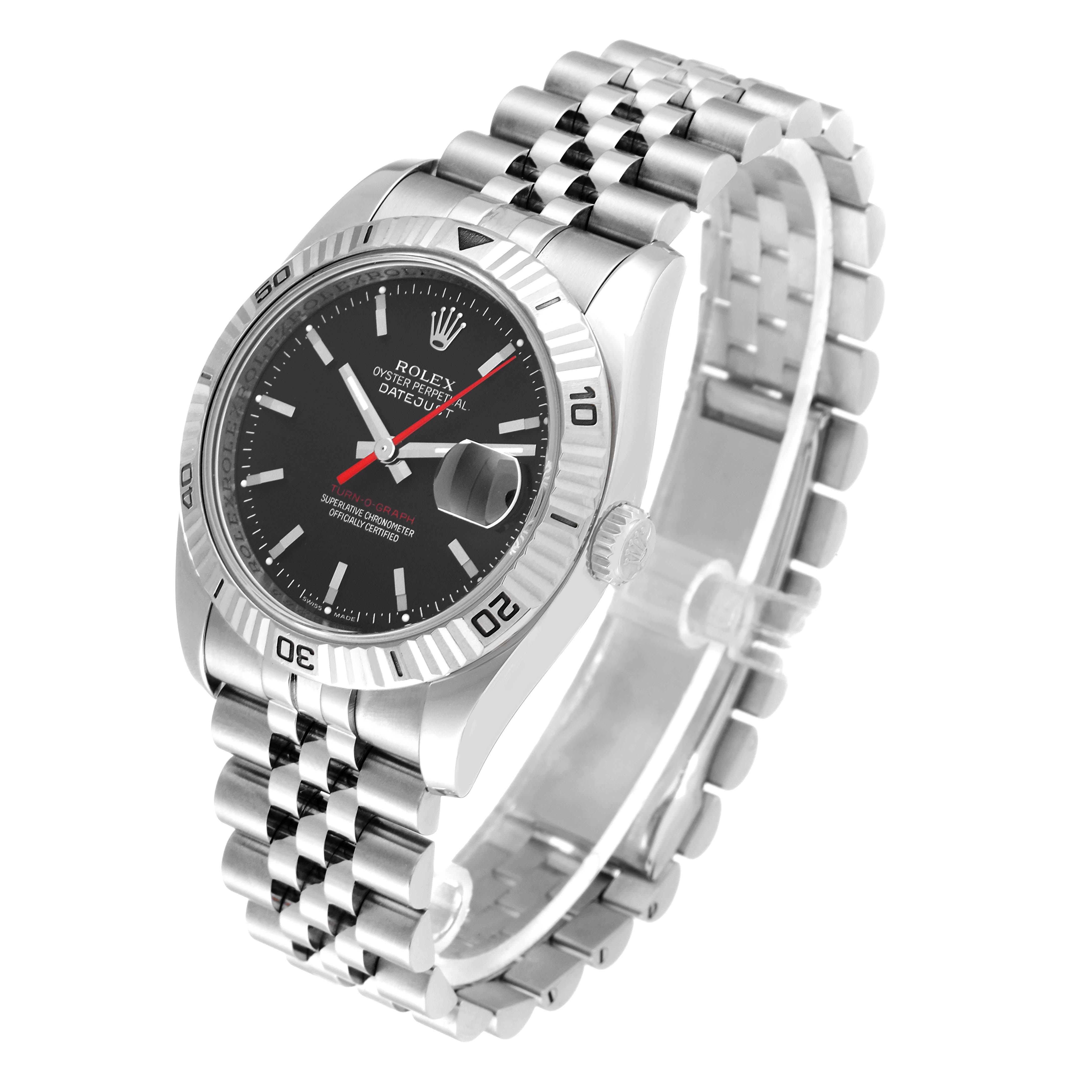 The image shows a Rolex Turn-o-Graph 116264 Men
s Stainless Steel Black Dial 116264 Men
s Stainless Steel Black Dial watch angled slightly from above, highlighting its bracelet, bezel, and black dial.