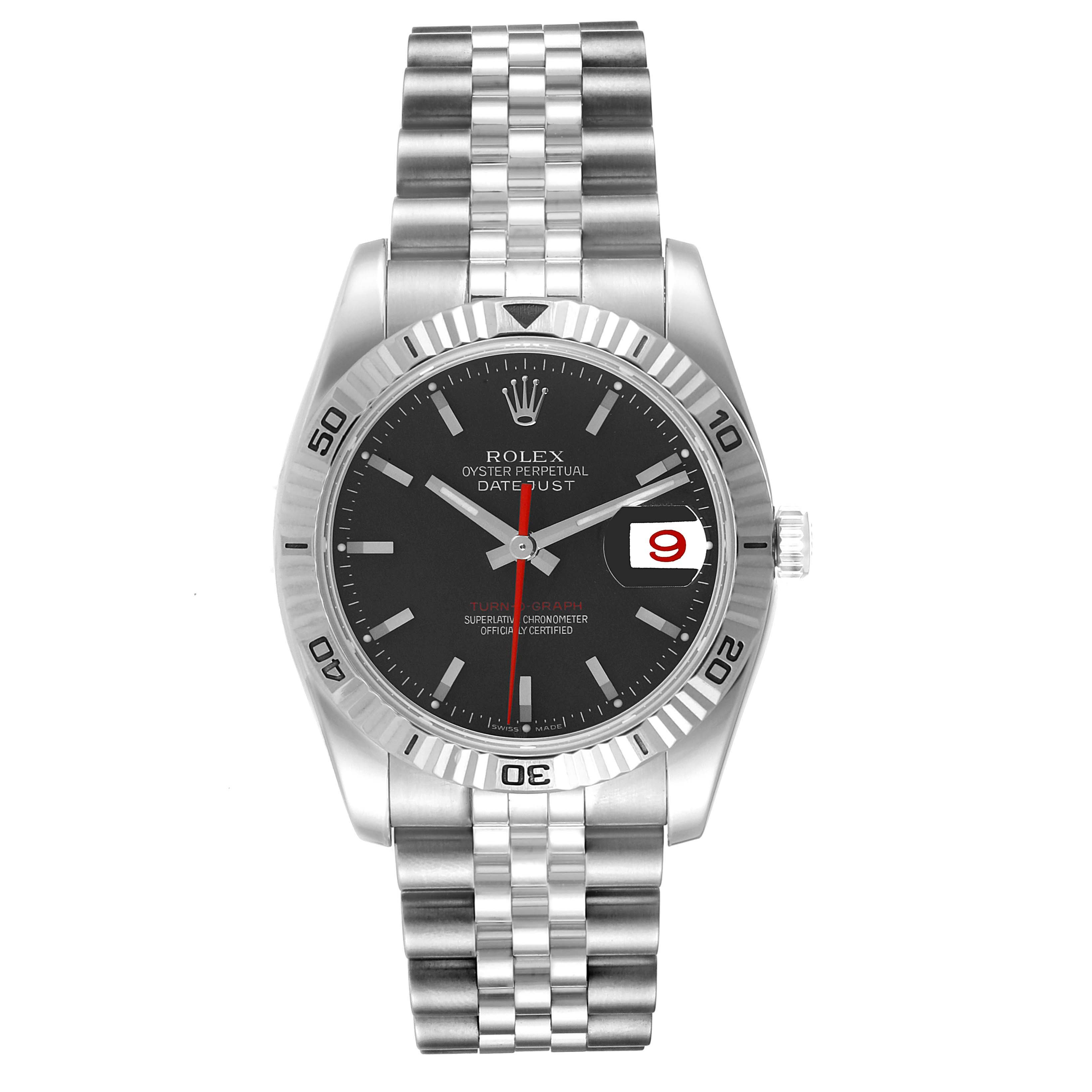 This image shows the front view of the Rolex Turn-o-Graph 116264 Men
s Stainless Steel Black Dial 116264 Men
s Stainless Steel Black Dial watch, highlighting its face, bezel, and bracelet.