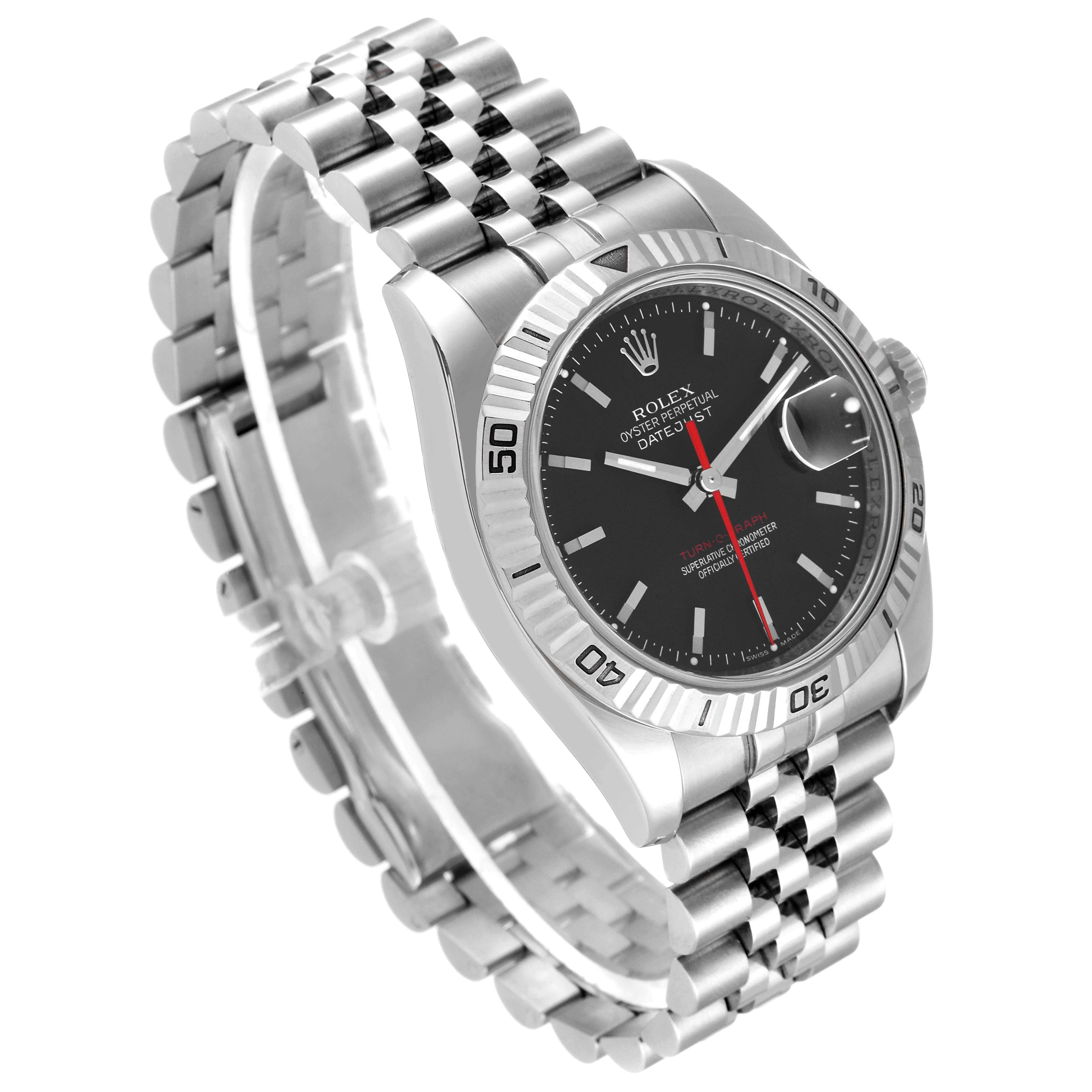 The Rolex Turn-o-Graph 116264 Men
s Stainless Steel Black Dial 116264 Men
s Stainless Steel Black Dial watch is shown at a three-quarter angle, displaying its bezel, black dial, bracelet, and crown.