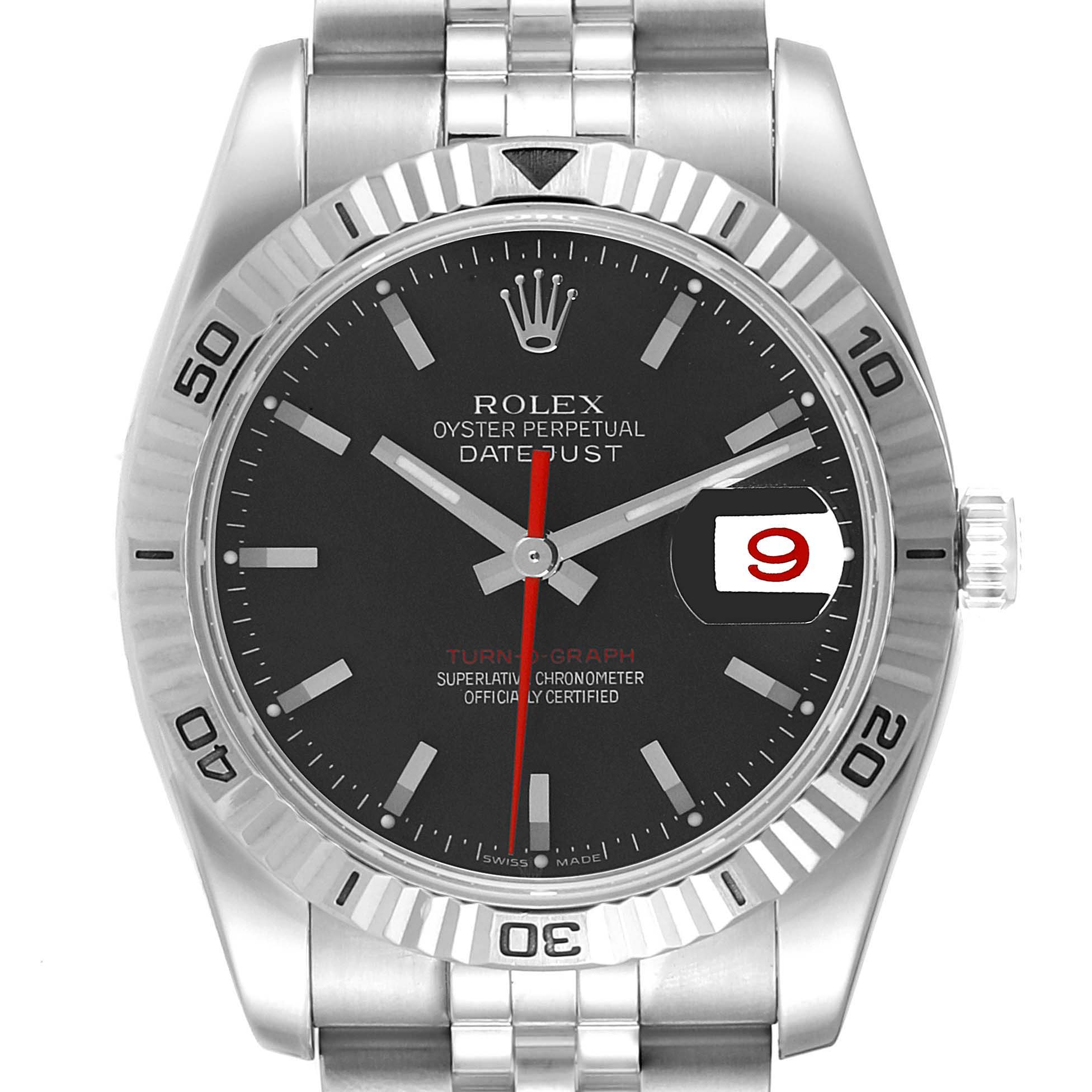 The image shows a frontal view of a Rolex Turn-o-Graph 116264 Men
s Stainless Steel Black Dial 116264 Men
s Stainless Steel Black Dial watch, highlighting its dial, bezel, and bracelet.