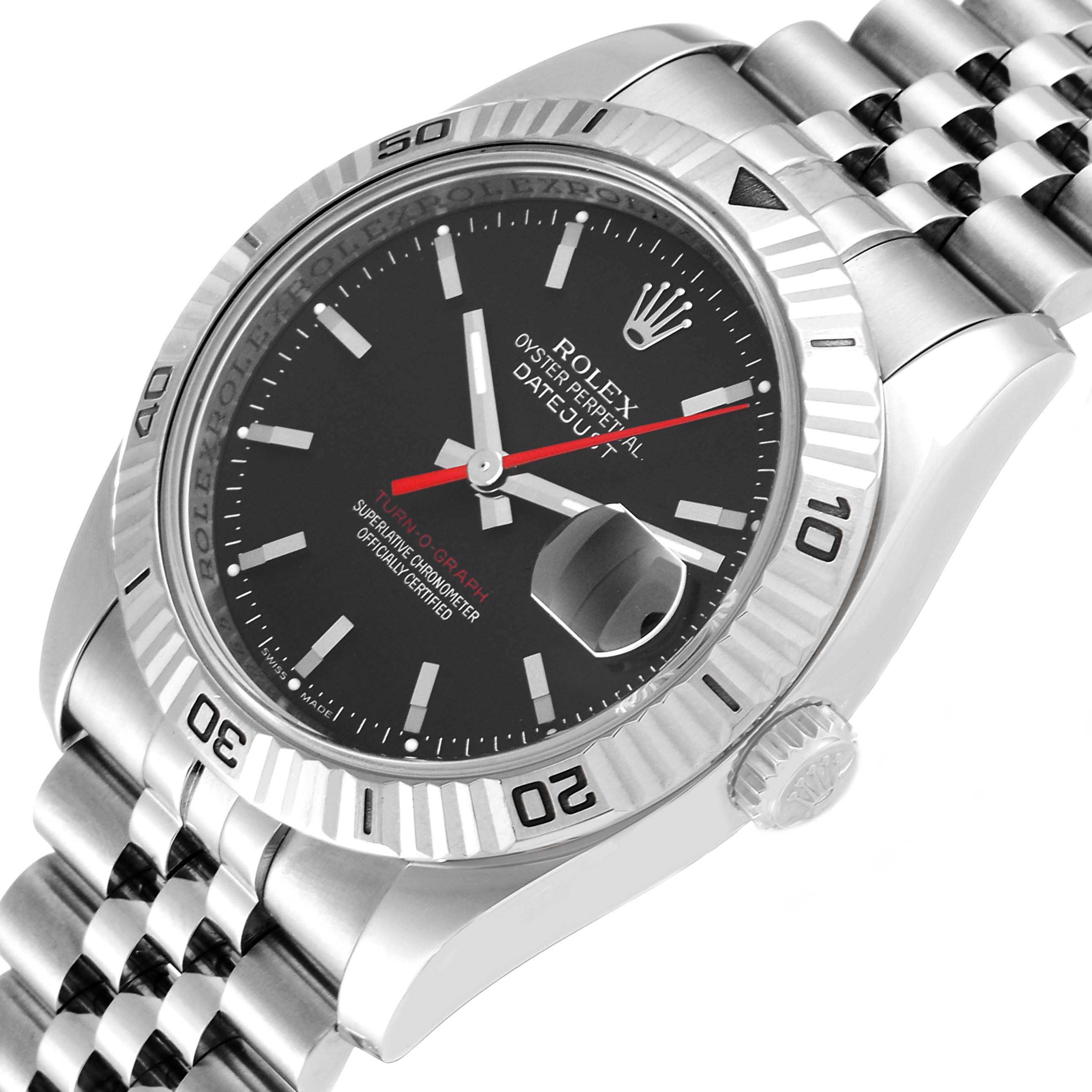 The Rolex Turn-o-Graph 116264 Men
s Stainless Steel Black Dial 116264 Men
s Stainless Steel Black Dial watch is shown at an angled view highlighting the face, bezel, crown, and part of the bracelet.