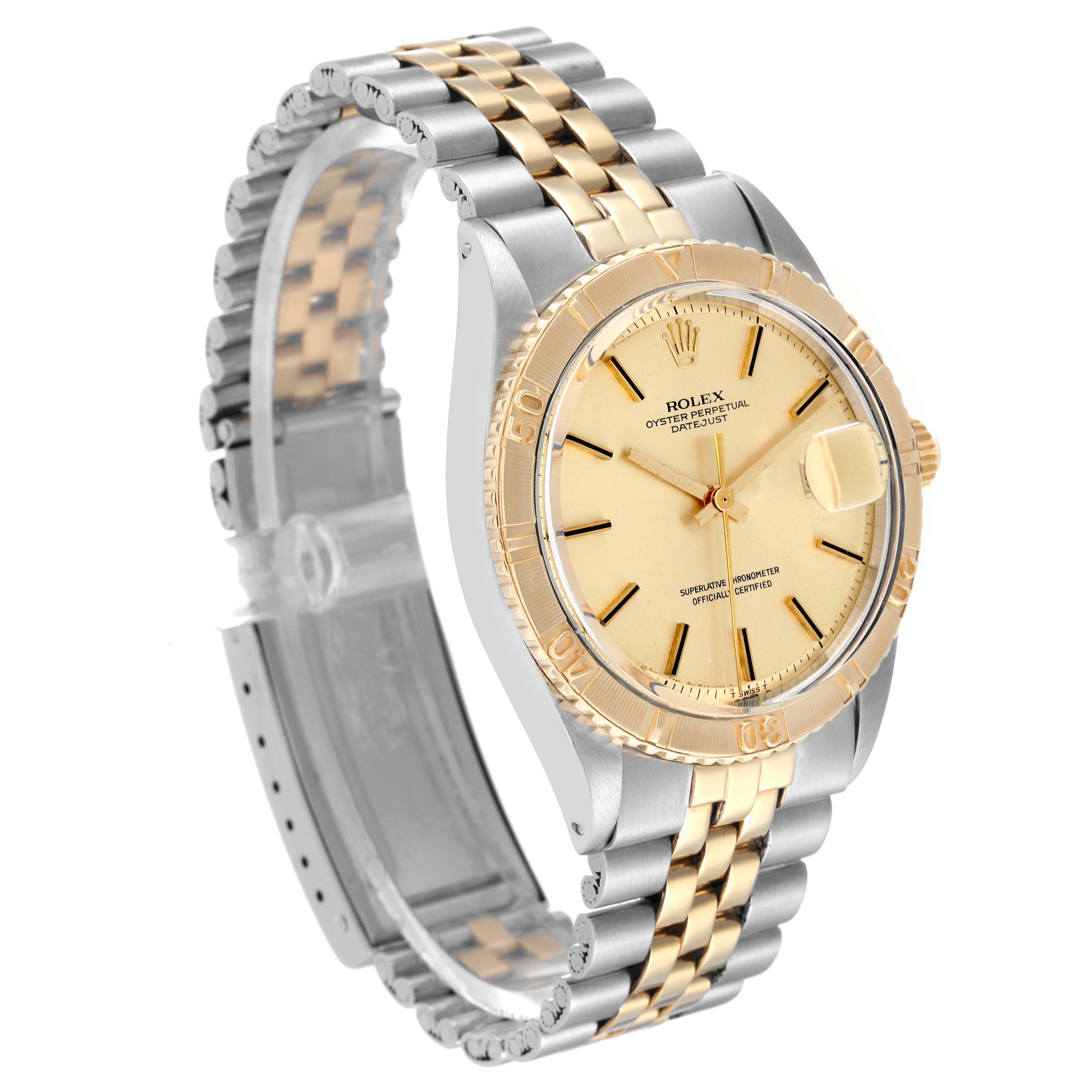 This image shows a Rolex Turn-o-Graph 1625 Men's Steel and Gold (two tone) Silver Dial 1625 Men's Steel and Gold (two tone) Silver Dial watch at a slight angle, highlighting its face, bezel, and bracelet.