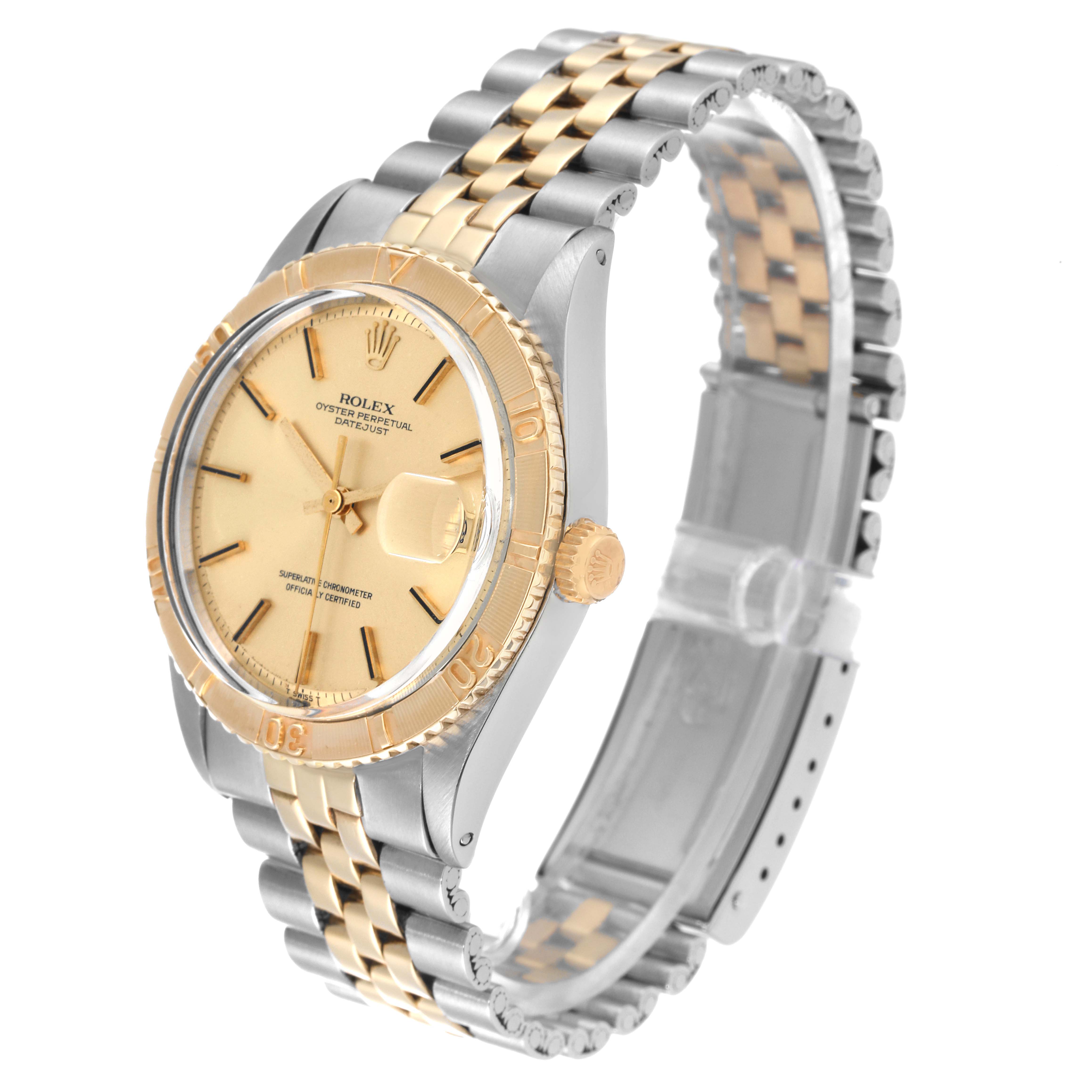 The Rolex Turn-o-Graph 1625 Men's Steel and Gold (two tone) Silver Dial 1625 Men's Steel and Gold (two tone) Silver Dial watch is shown at an angle displaying the face, bezel, crown, and part of the bracelet.