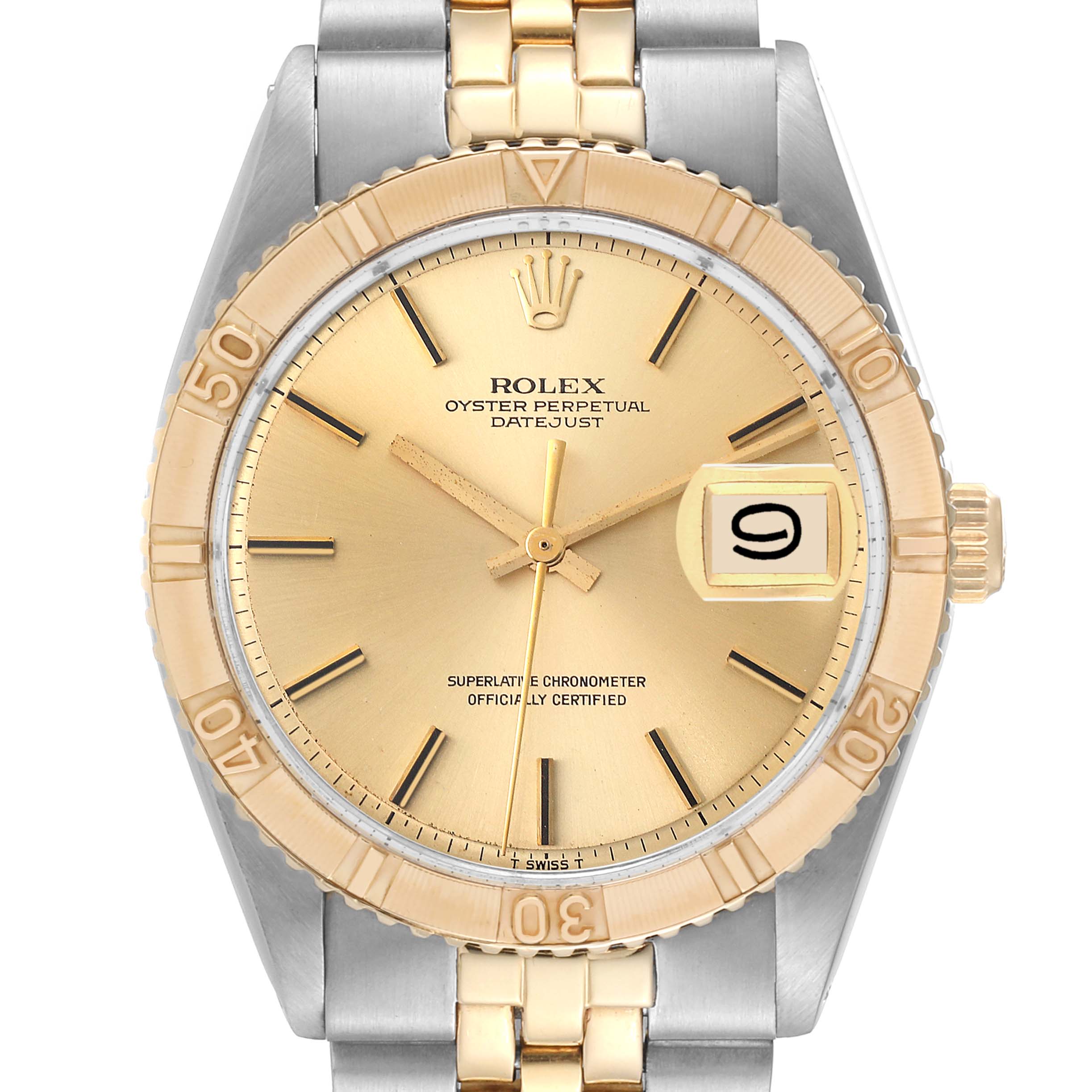 The Rolex Turn-o-Graph 1625 Men's Steel and Gold (two tone) Silver Dial 1625 Men's Steel and Gold (two tone) Silver Dial watch is shown from the front, highlighting the dial, bezel, and part of the bracelet.