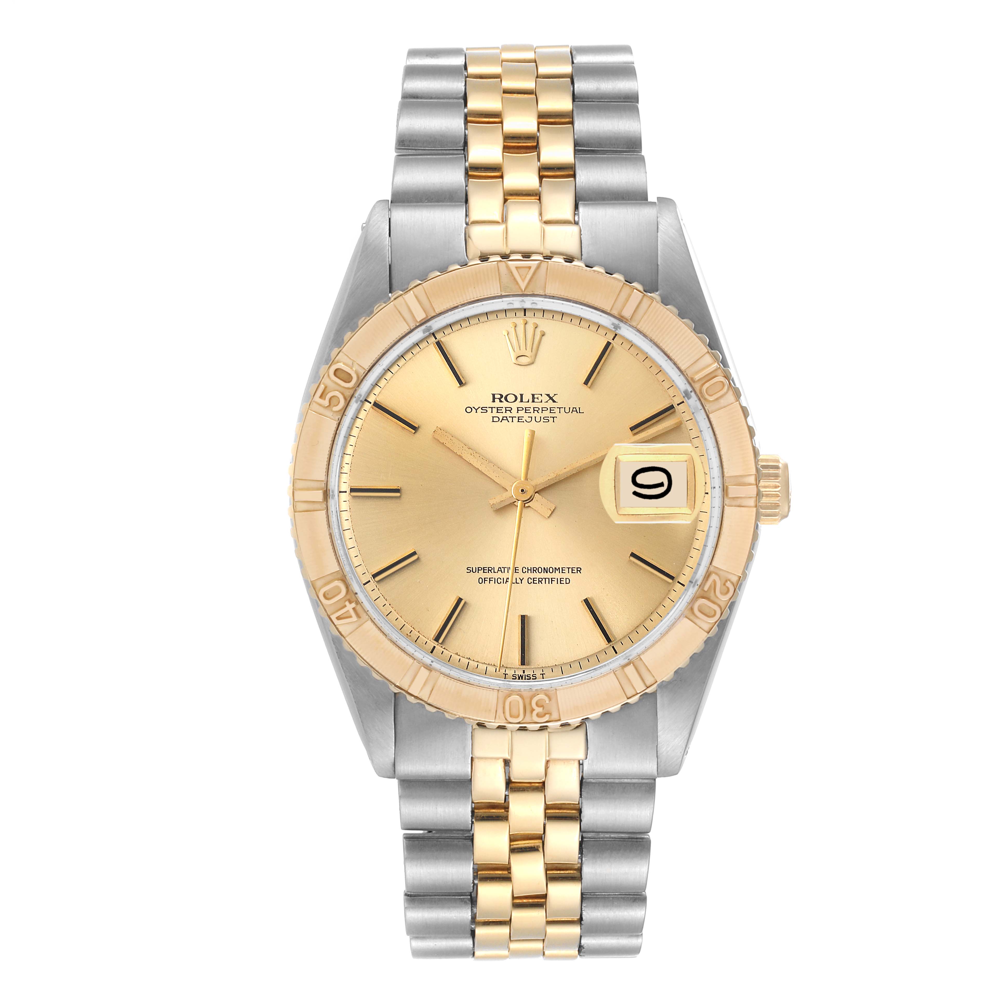 The image shows a front view of a Rolex Turn-o-Graph 1625 Men's Steel and Gold (two tone) Silver Dial 1625 Men's Steel and Gold (two tone) Silver Dial with a two-tone bracelet, gold bezel, and champagne dial displaying the date.