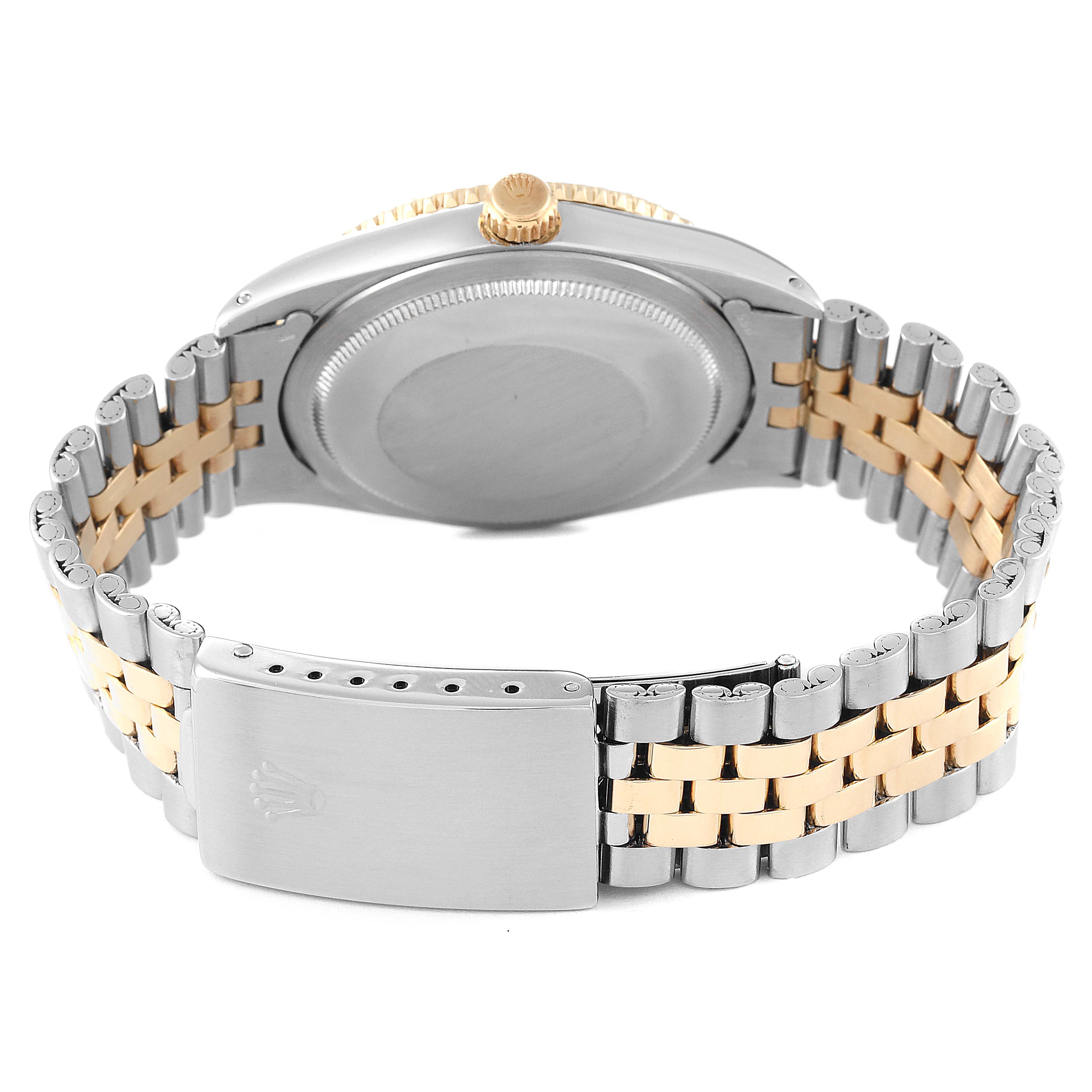 The image shows the Rolex Turn-o-Graph 1625 Men's Steel and Gold (two tone) Silver Dial 1625 Men's Steel and Gold (two tone) Silver Dial watch from a rear angle, highlighting the case back, crown, and Jubilee bracelet.