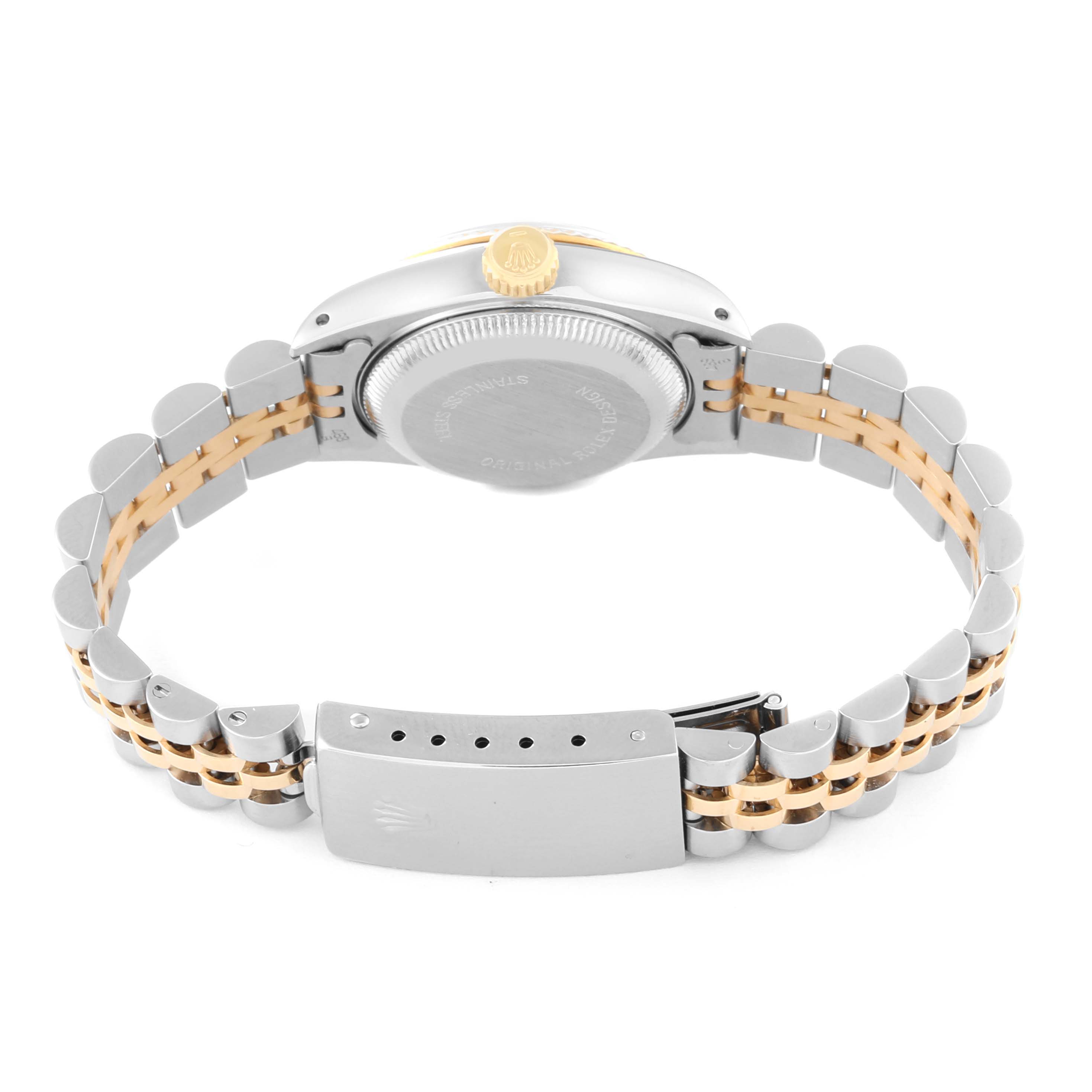 This image shows the back of a Rolex Datejust 69173 Women's Steel and Gold (two tone) White Dial 69173 Women's Steel and Gold (two tone) White Dial watch, highlighting its case back, bracelet, and clasp.