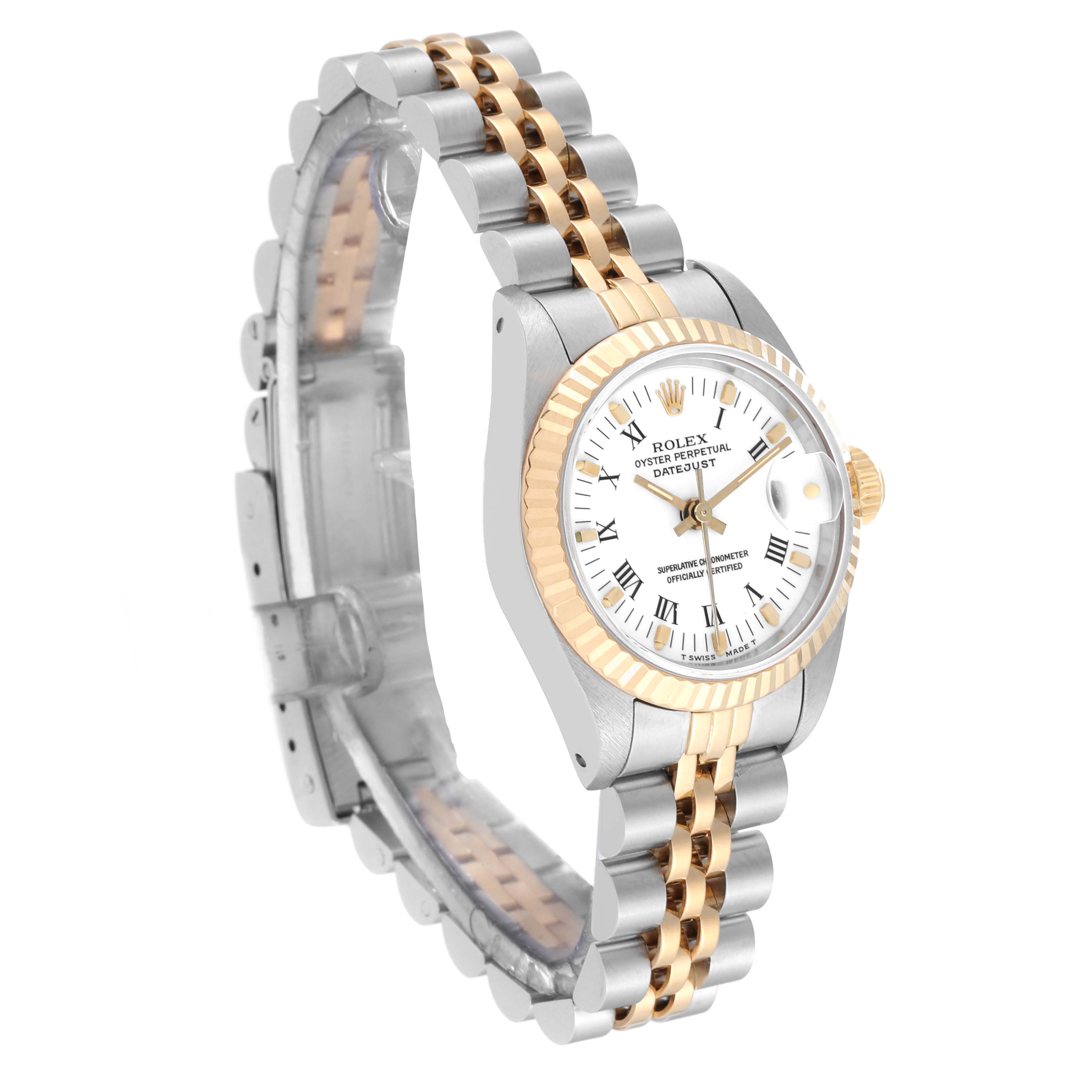 The image shows a Rolex Datejust 69173 Women's Steel and Gold (two tone) White Dial 69173 Women's Steel and Gold (two tone) White Dial watch angled slightly to the right, highlighting the face, bezel, and part of the bracelet.