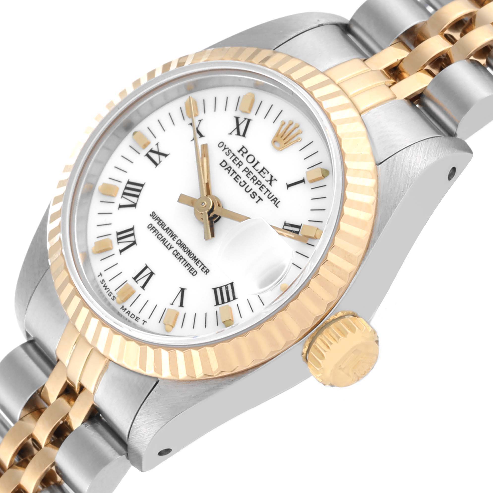 The image shows a close-up angled view of the Rolex Datejust 69173 Women's Steel and Gold (two tone) White Dial 69173 Women's Steel and Gold (two tone) White Dial watch, highlighting the dial, bezel, crown, and part of the bracelet.