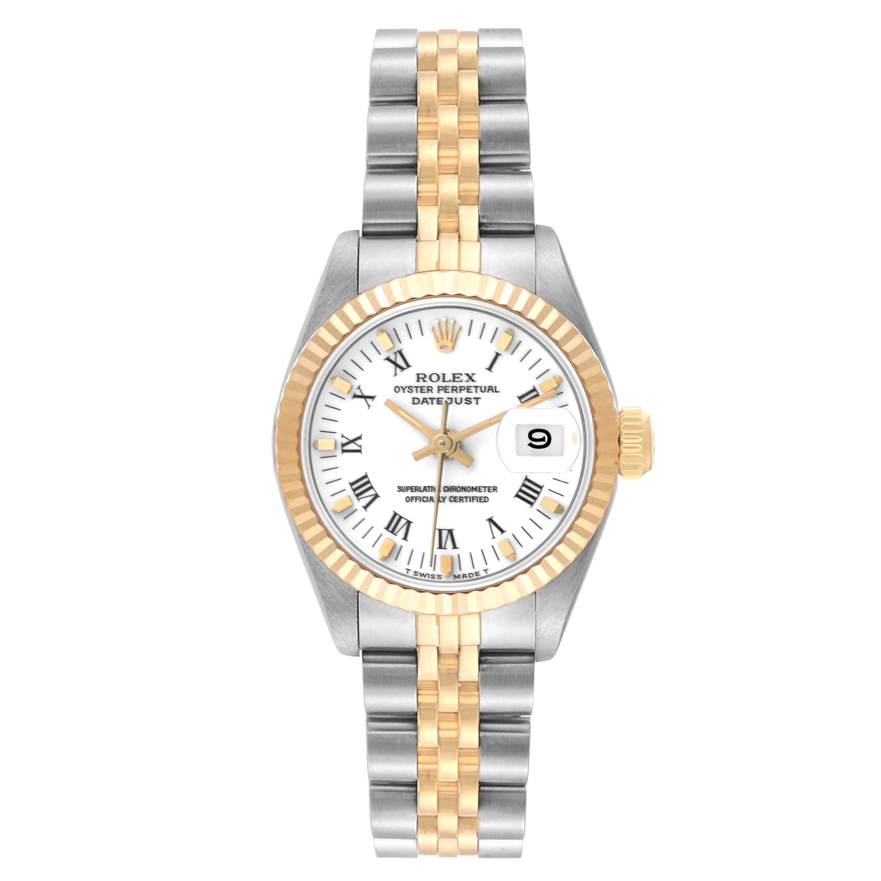 This image shows a front view of the Rolex Datejust 69173 Women's Steel and Gold (two tone) White Dial 69173 Women's Steel and Gold (two tone) White Dial watch, featuring the dial, bezel, crown, and bracelet.