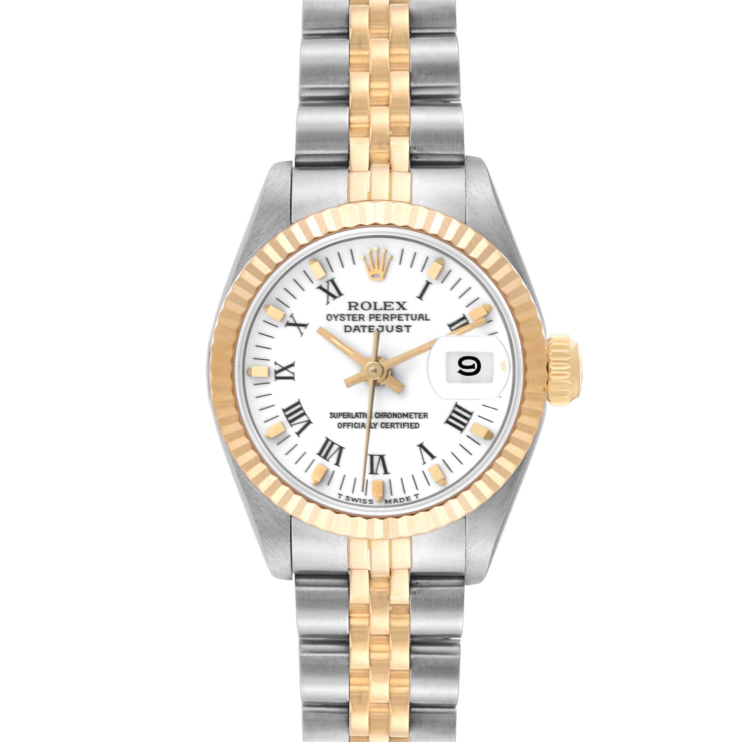 The Rolex Datejust 69173 Women's Steel and Gold (two tone) White Dial 69173 Women's Steel and Gold (two tone) White Dial watch is shown from a top-down angle, displaying its dial, bezel, bracelet, and crown.