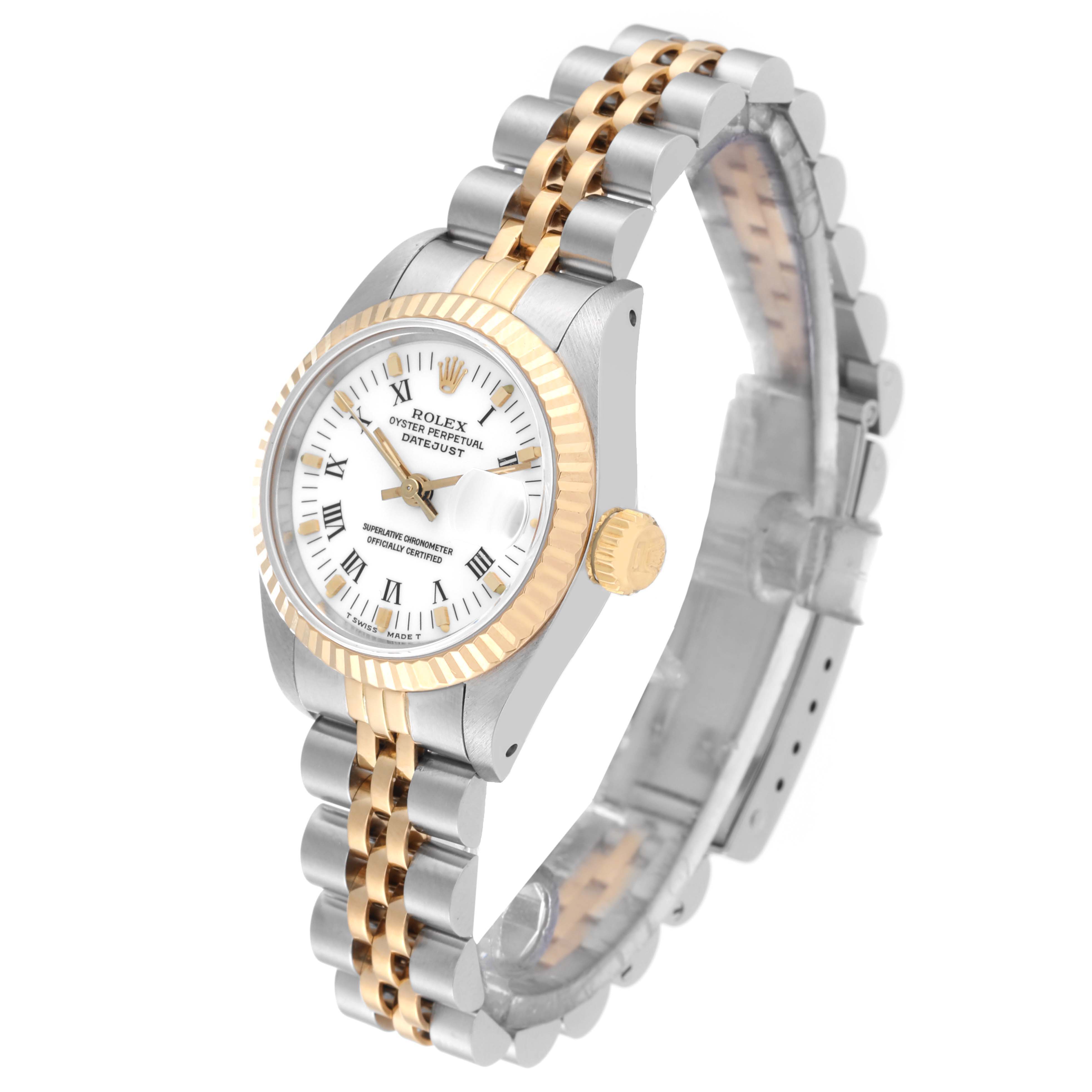 The image shows a Rolex Datejust 69173 Women's Steel and Gold (two tone) White Dial 69173 Women's Steel and Gold (two tone) White Dial watch angled to display the face, crown, and part of the metal bracelet.