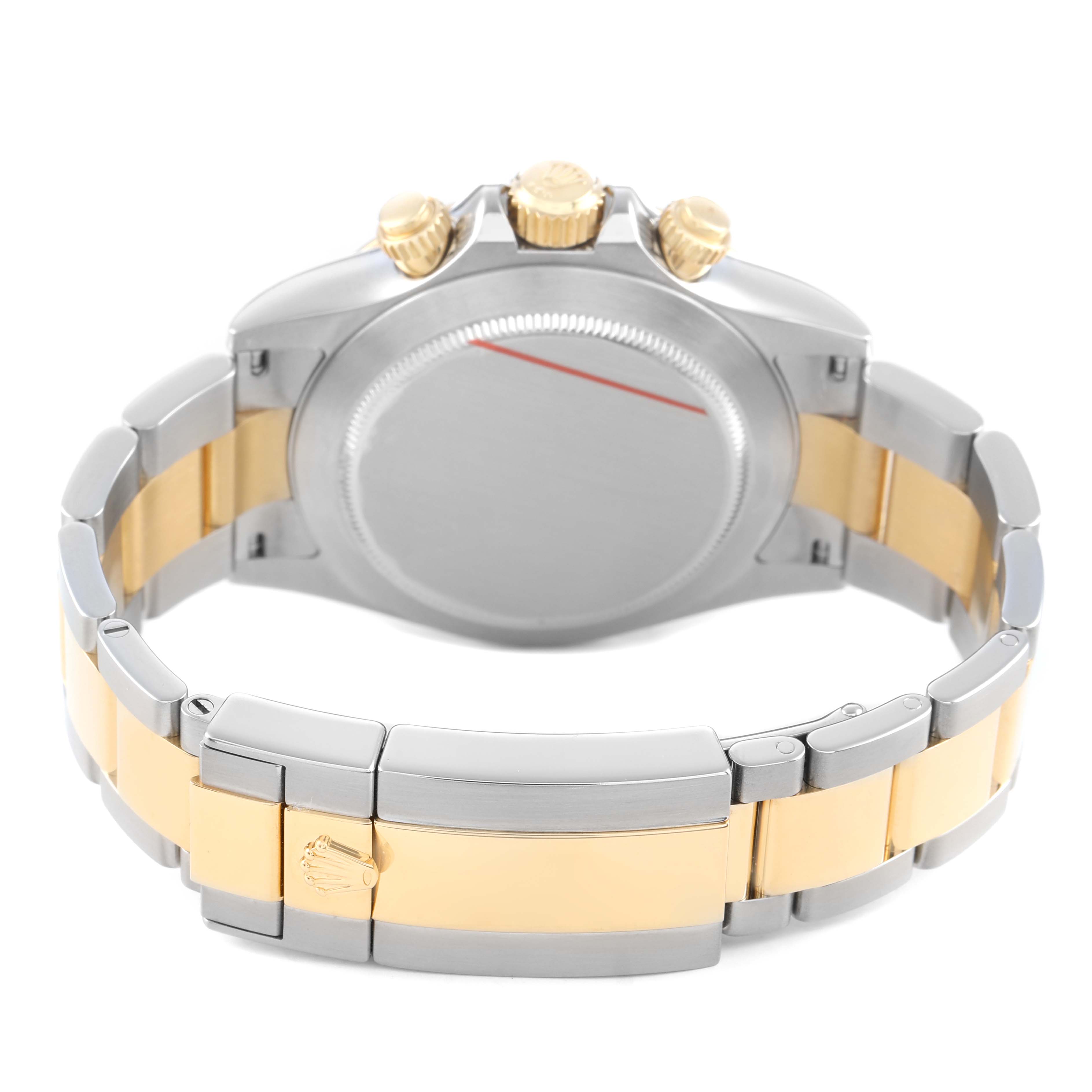 The Rolex Daytona 116523 Men's Steel and Gold (two tone) Yellow Dial is shown from the back, highlighting the case back, bracelet, clasp, and gold crown and pushers.