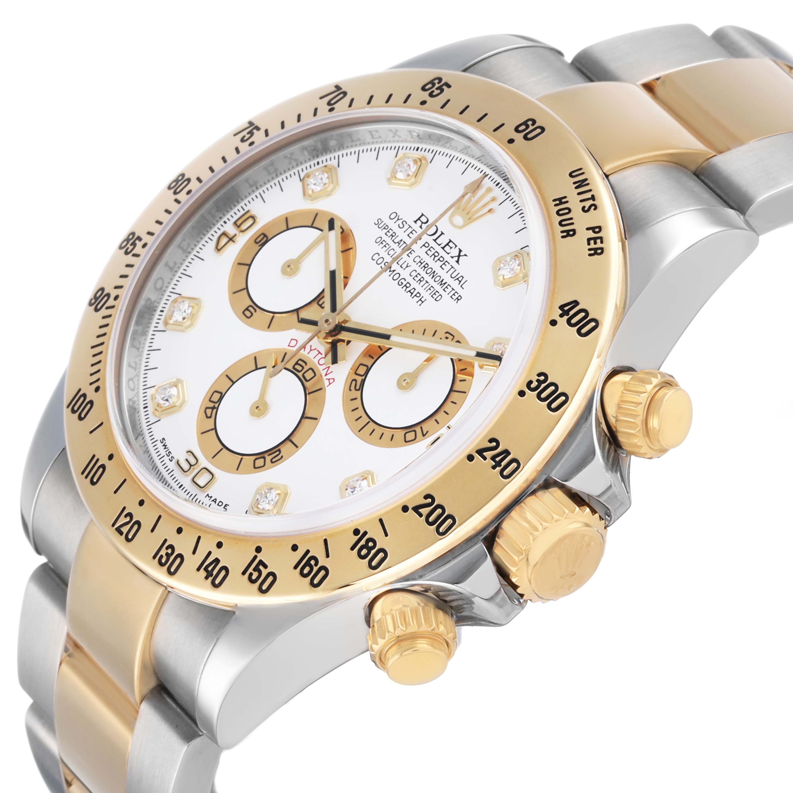 The Rolex Daytona 116523 Men's Steel and Gold (two tone) Yellow Dial watch is shown at a three-quarter angle highlighting the bezel, crown, and part of the bracelet.
