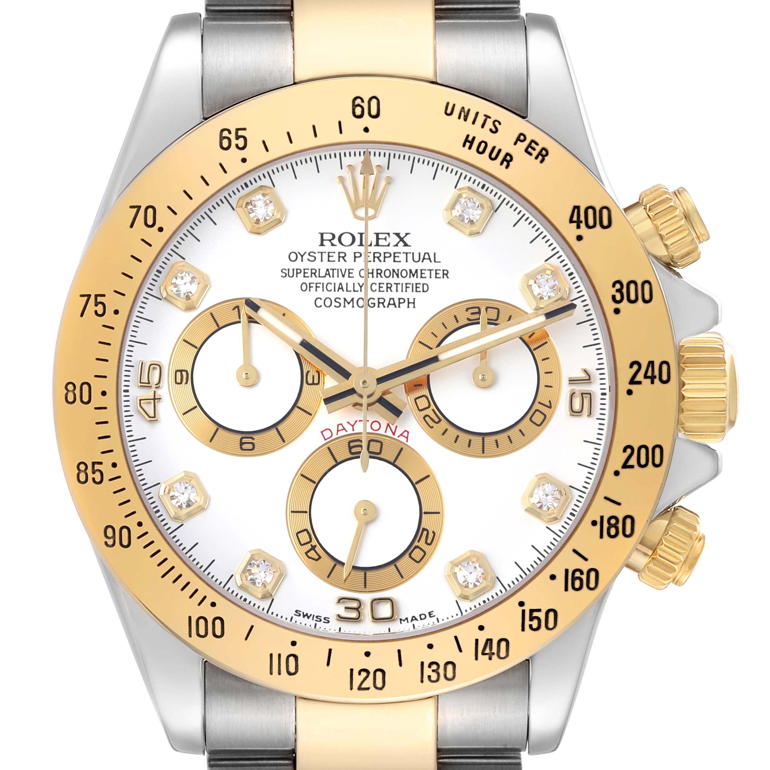 The Rolex Daytona 116523 Men's Steel and Gold (two tone) Yellow Dial is shown from the front, highlighting the dial, bezel, and subdials with gold-tone accents.
