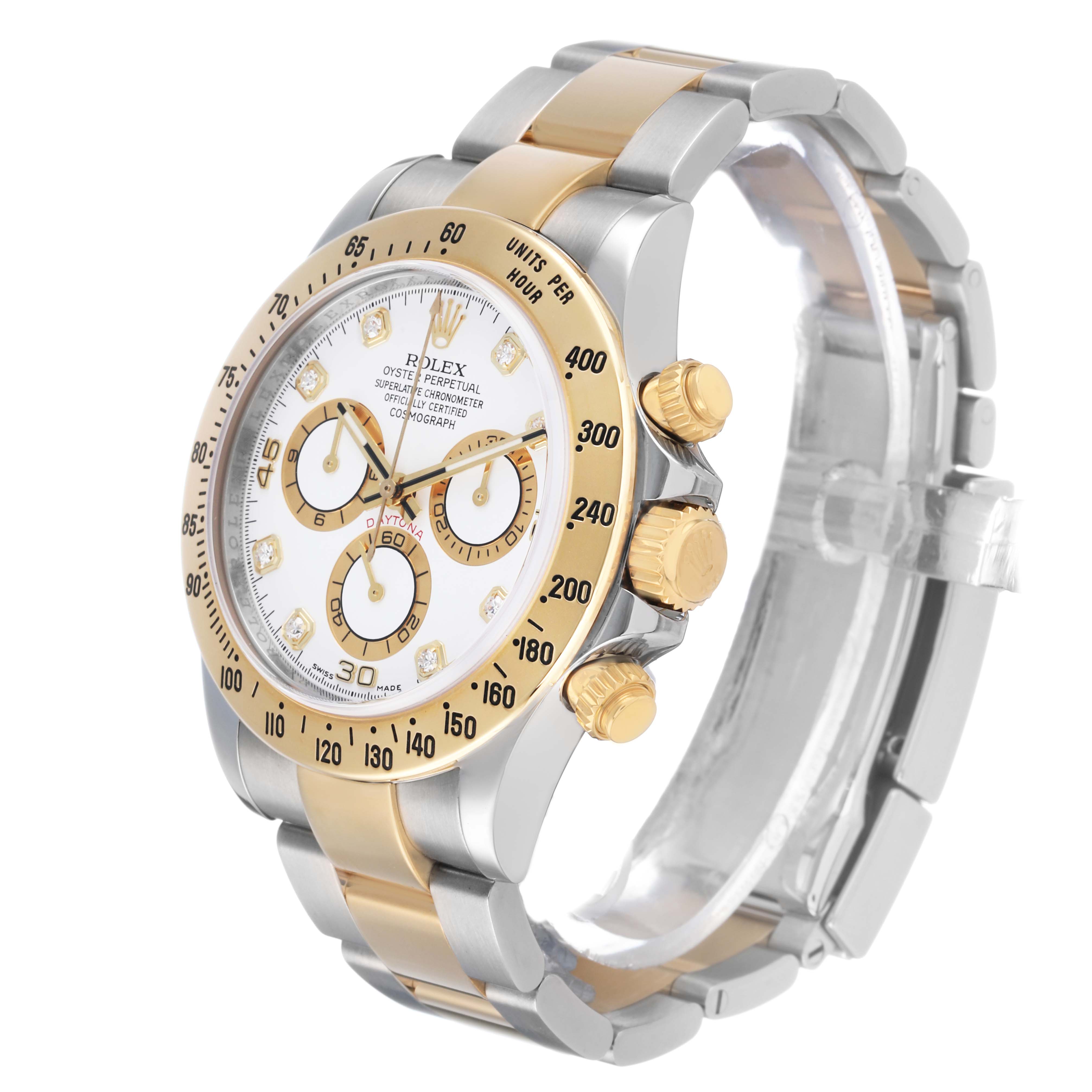 The Rolex Daytona 116523 Men's Steel and Gold (two tone) Yellow Dial watch is shown at a three-quarter angle, highlighting the dial, bezel, crown, and bracelet.