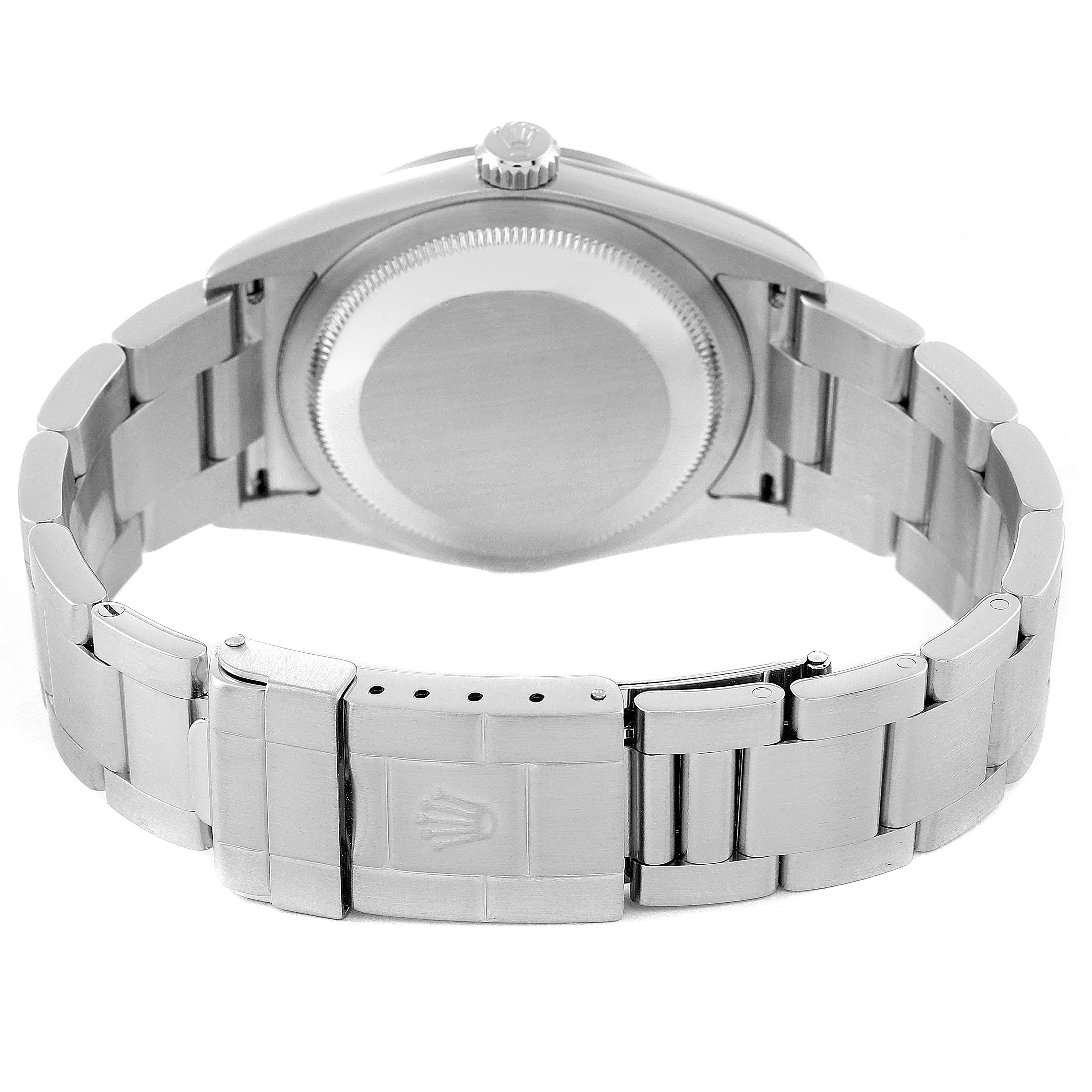 The image shows the back view of the Rolex Explorer 114270 Men
s Stainless Steel Black Dial 114270 Men
s Stainless Steel Black Dial model watch, highlighting the case back, crown, and bracelet clasp.