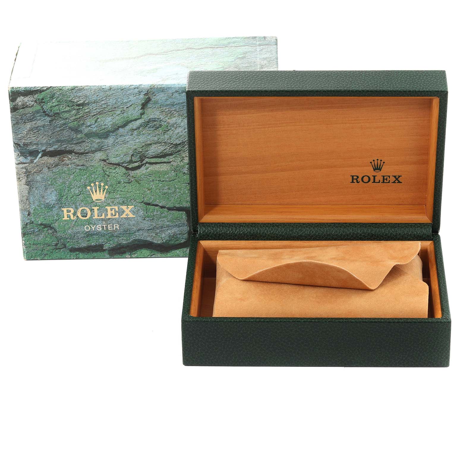 The image shows an open Rolex Explorer 114270 Men
s Stainless Steel Black Dial 114270 Men
s Stainless Steel Black Dial watch box with its outer box and interior cushion.