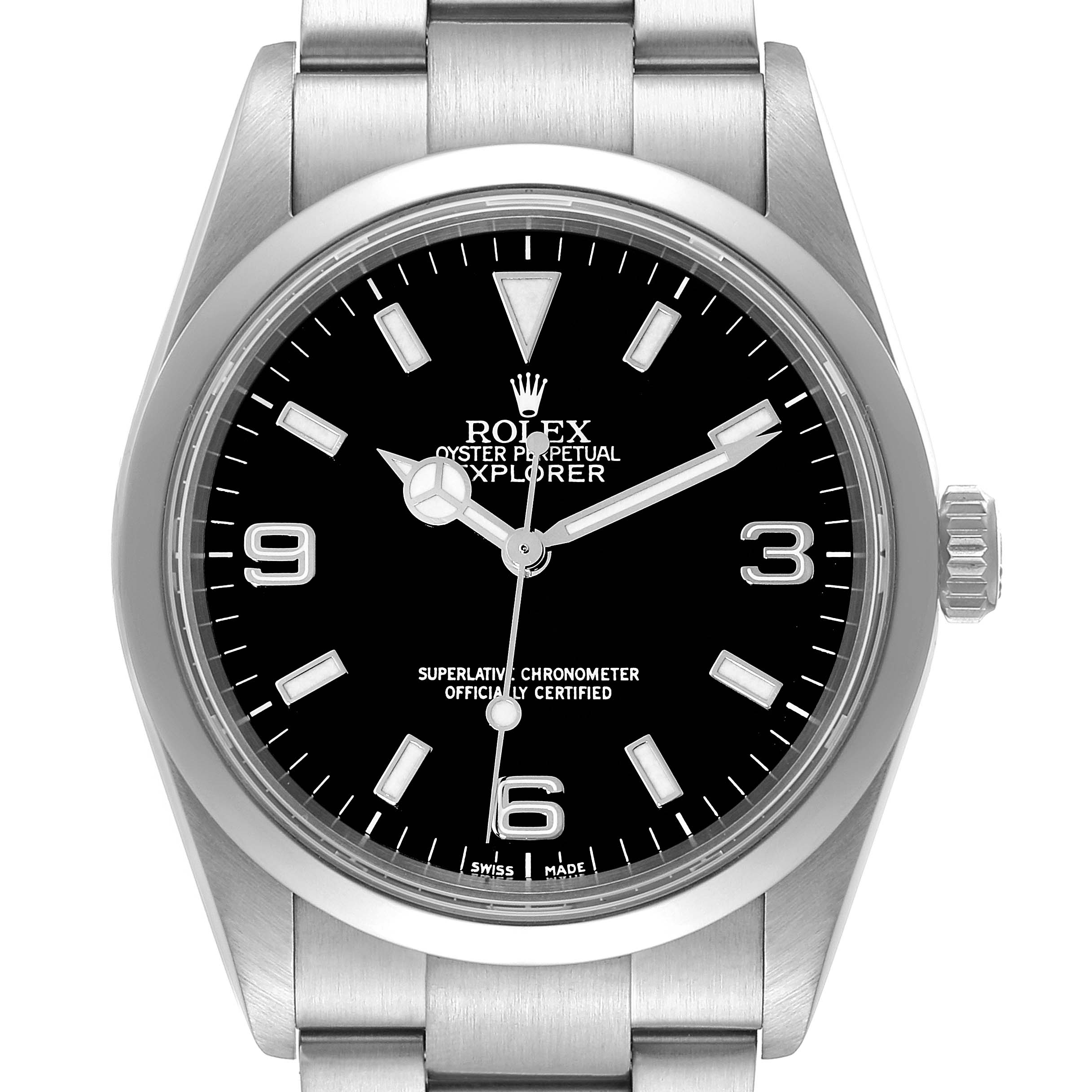 The image shows a front view of a Rolex Explorer 114270 Men
s Stainless Steel Black Dial 114270 Men
s Stainless Steel Black Dial watch, displaying the dial, hands, bezel, and part of the bracelet.