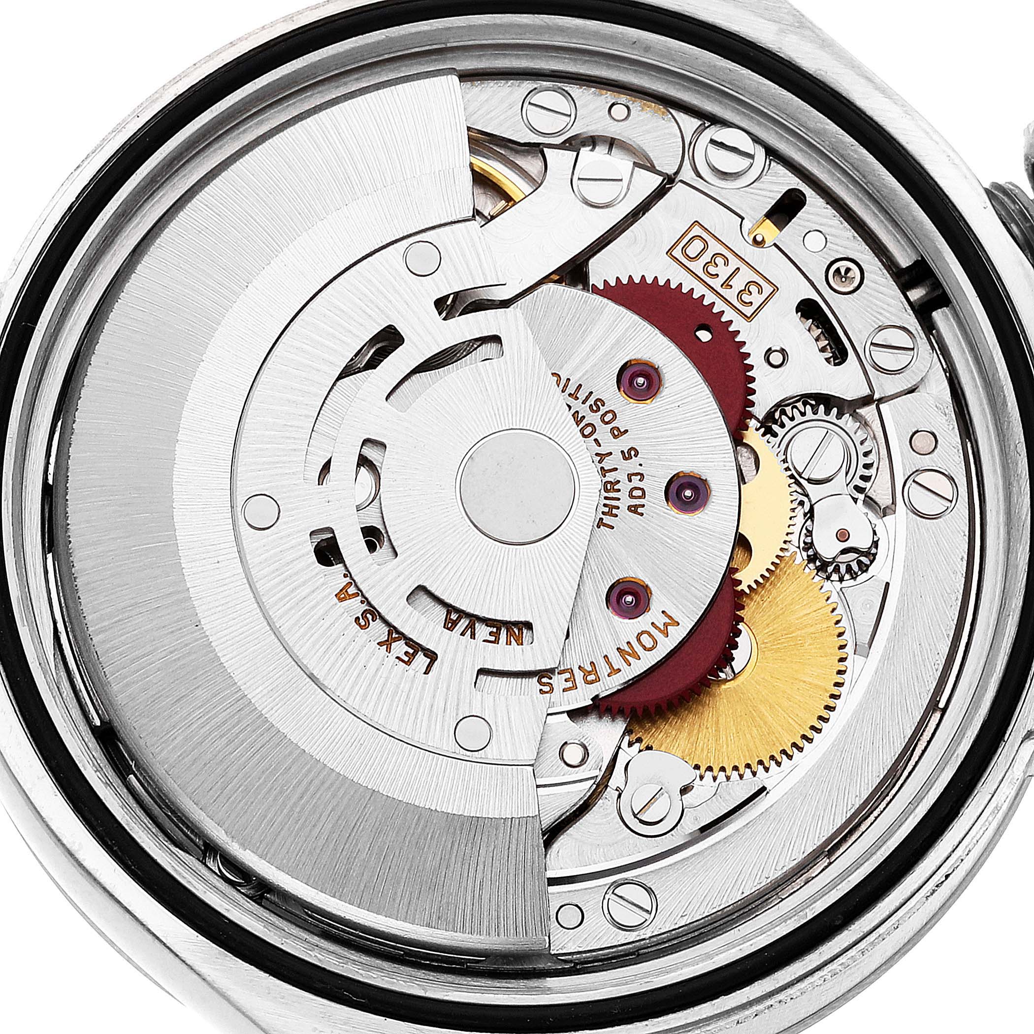 This is a close-up view of the movement mechanism inside the Rolex Explorer 114270 Men
s Stainless Steel Black Dial 114270 Men
s Stainless Steel Black Dial watch.