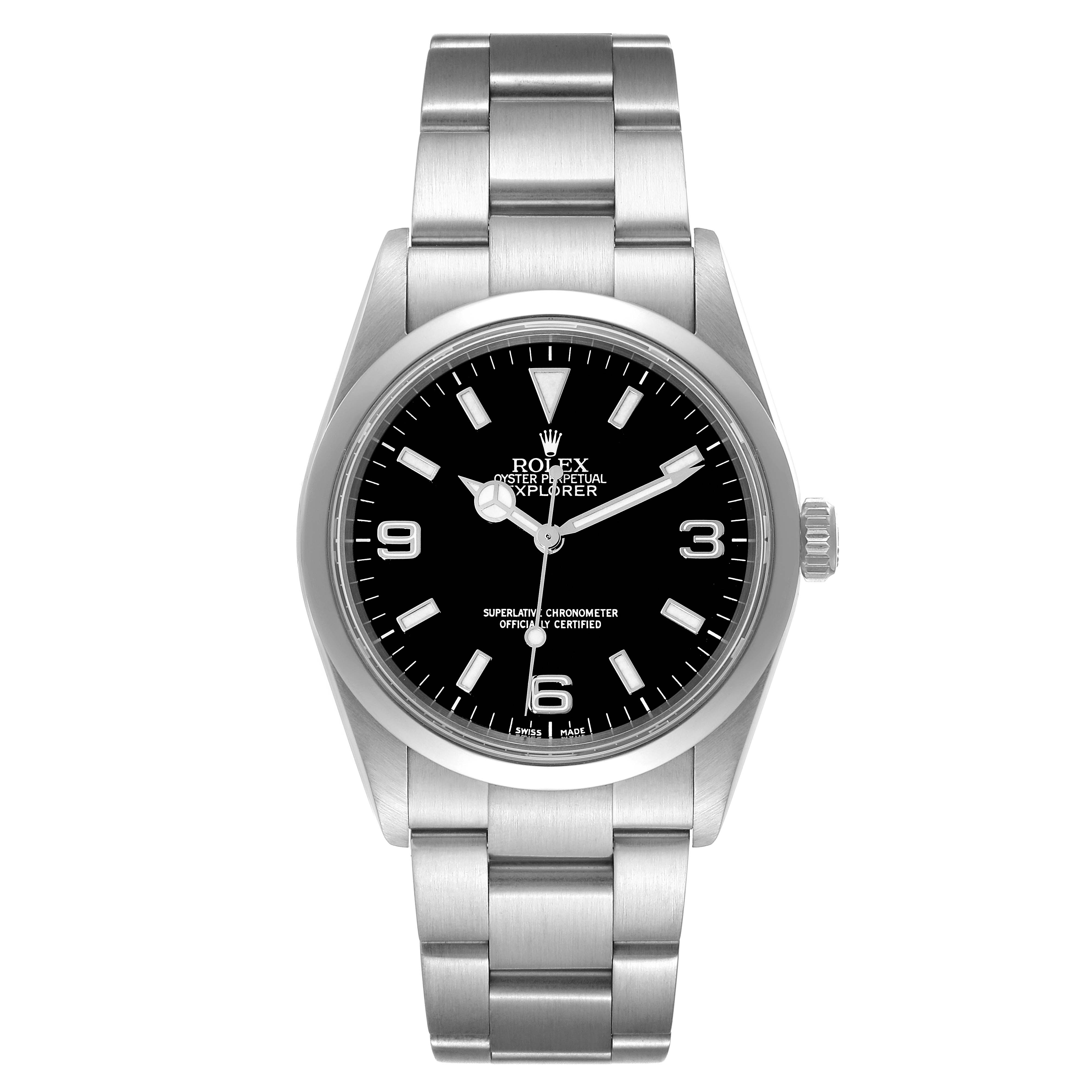 The image shows a Rolex Explorer 114270 Men
s Stainless Steel Black Dial 114270 Men
s Stainless Steel Black Dial watch from a front angle, displaying its face, bezel, crown, and bracelet.