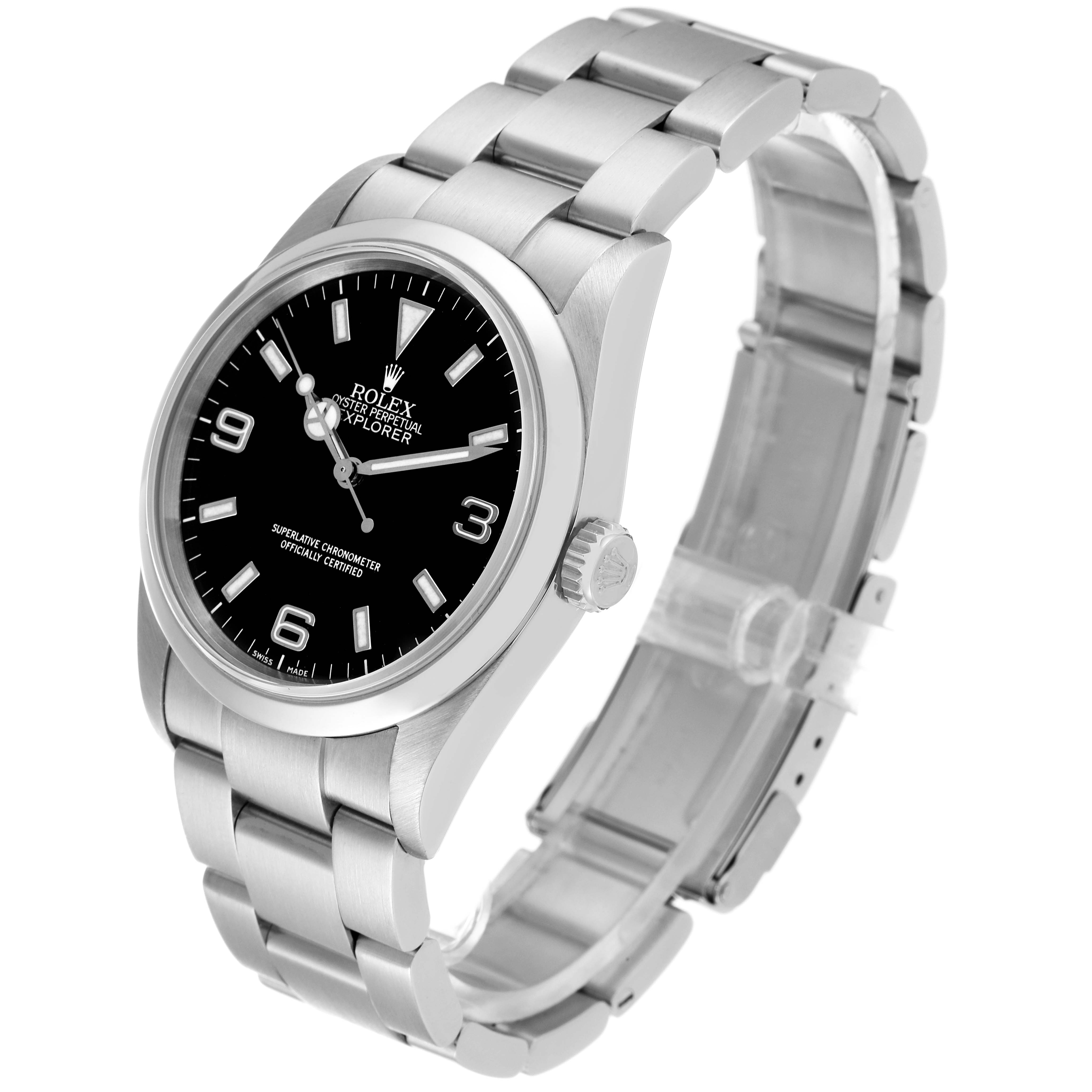 The image shows a side angle of the Rolex Explorer 114270 Men
s Stainless Steel Black Dial 114270 Men
s Stainless Steel Black Dial watch, featuring the watch face, crown, and bracelet.