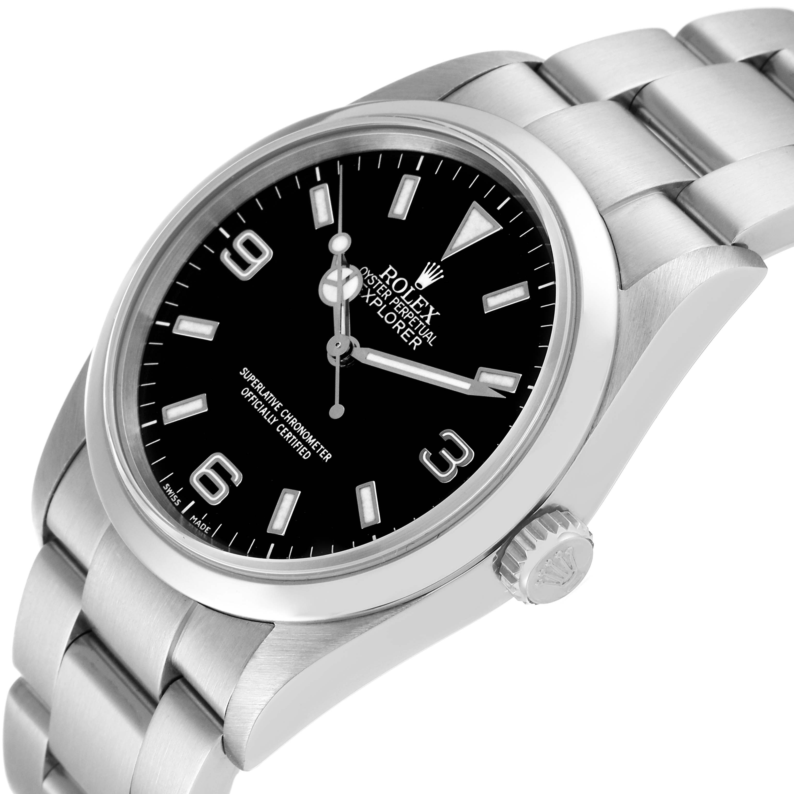 This Rolex Explorer 114270 Men
s Stainless Steel Black Dial 114270 Men
s Stainless Steel Black Dial watch is shown at a slight angle, highlighting its black dial, bezel, crown, and stainless steel bracelet.