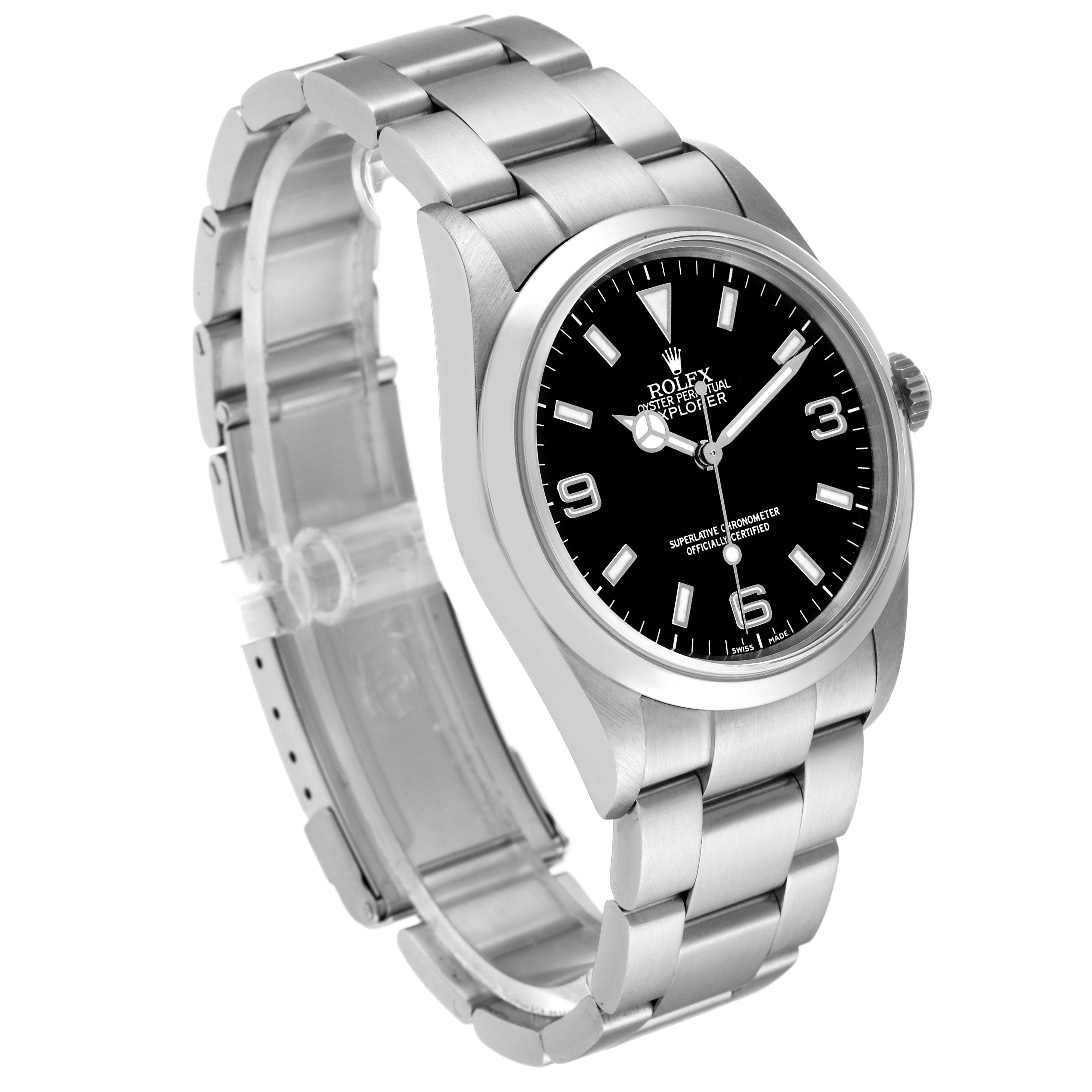 The image shows a Rolex Explorer 114270 Men
s Stainless Steel Black Dial 114270 Men
s Stainless Steel Black Dial watch at a slight side angle, highlighting the watch face, bezel, crown, and bracelet.