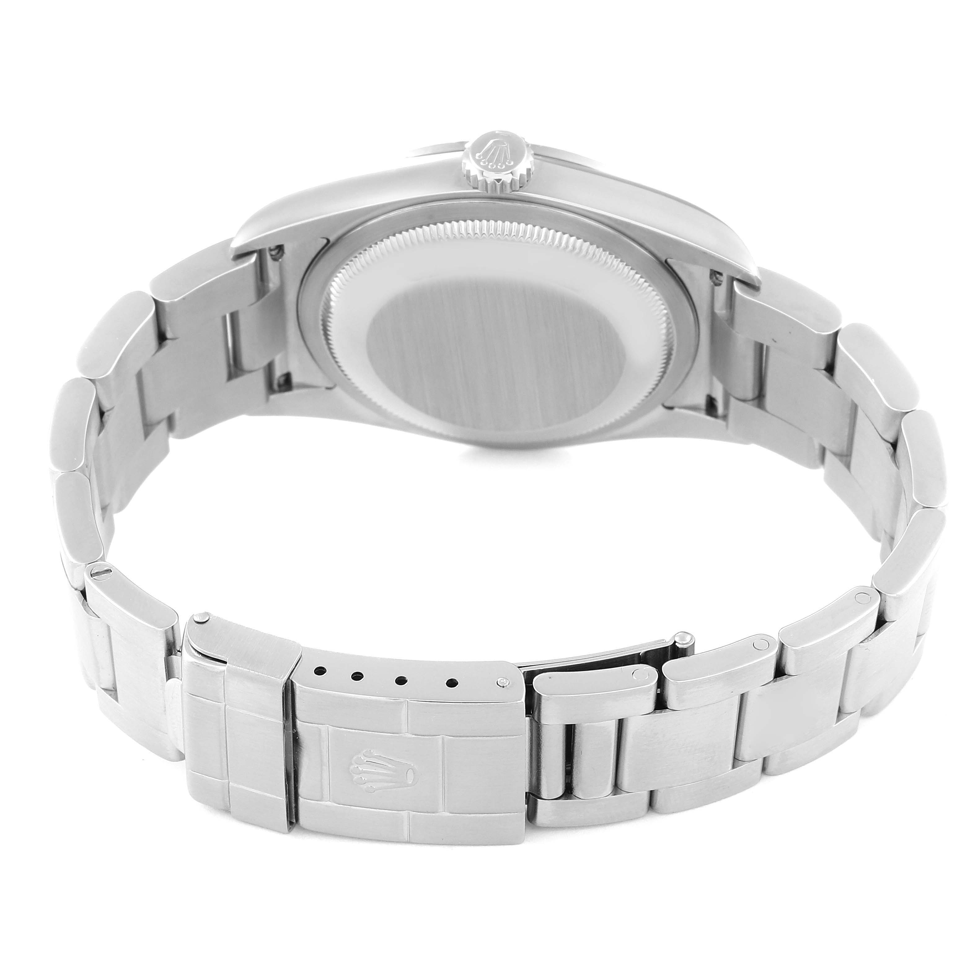 The image shows the back case and bracelet clasp of a Rolex Explorer 114270 Men
s Stainless Steel Black Dial 114270 Men
s Stainless Steel Black Dial watch from a rear angle.